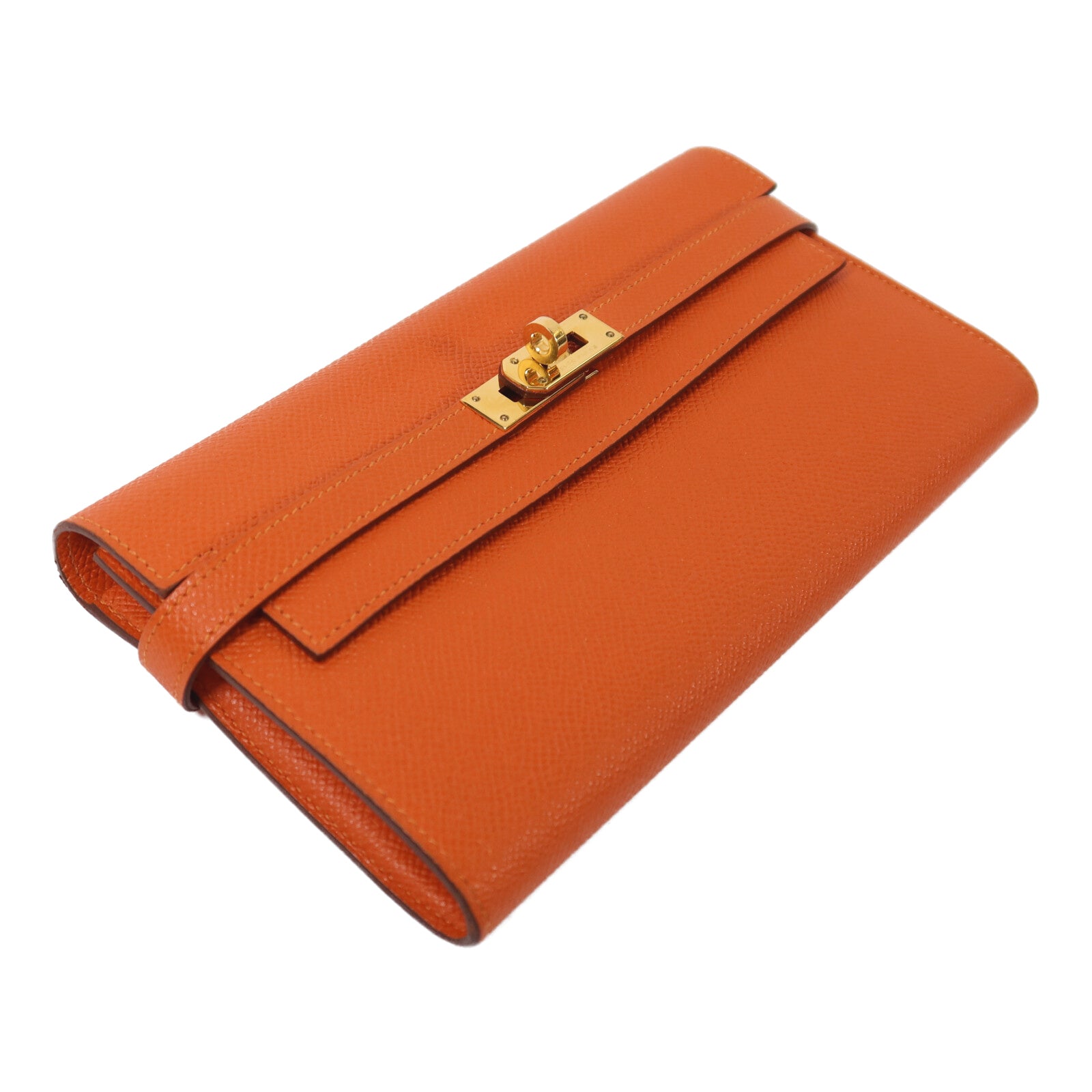 HERMES Epsom皮革Kelly Long Wallet金扣長錢包Orange Poppy