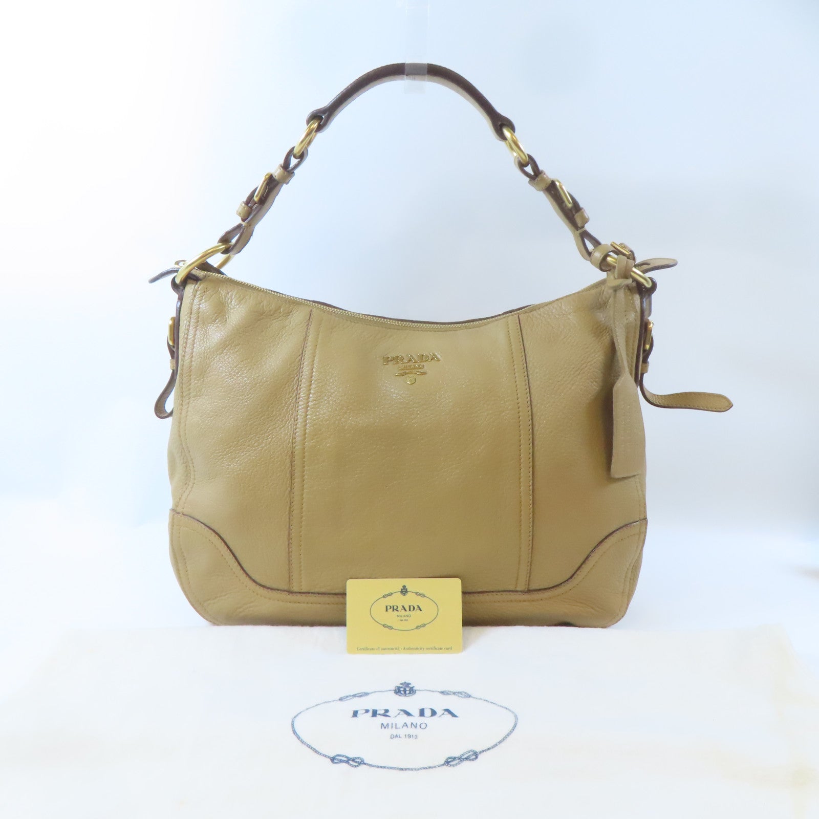 PRADA 牛皮皮革Shoulder Bag金扣肩背袋卡其色
