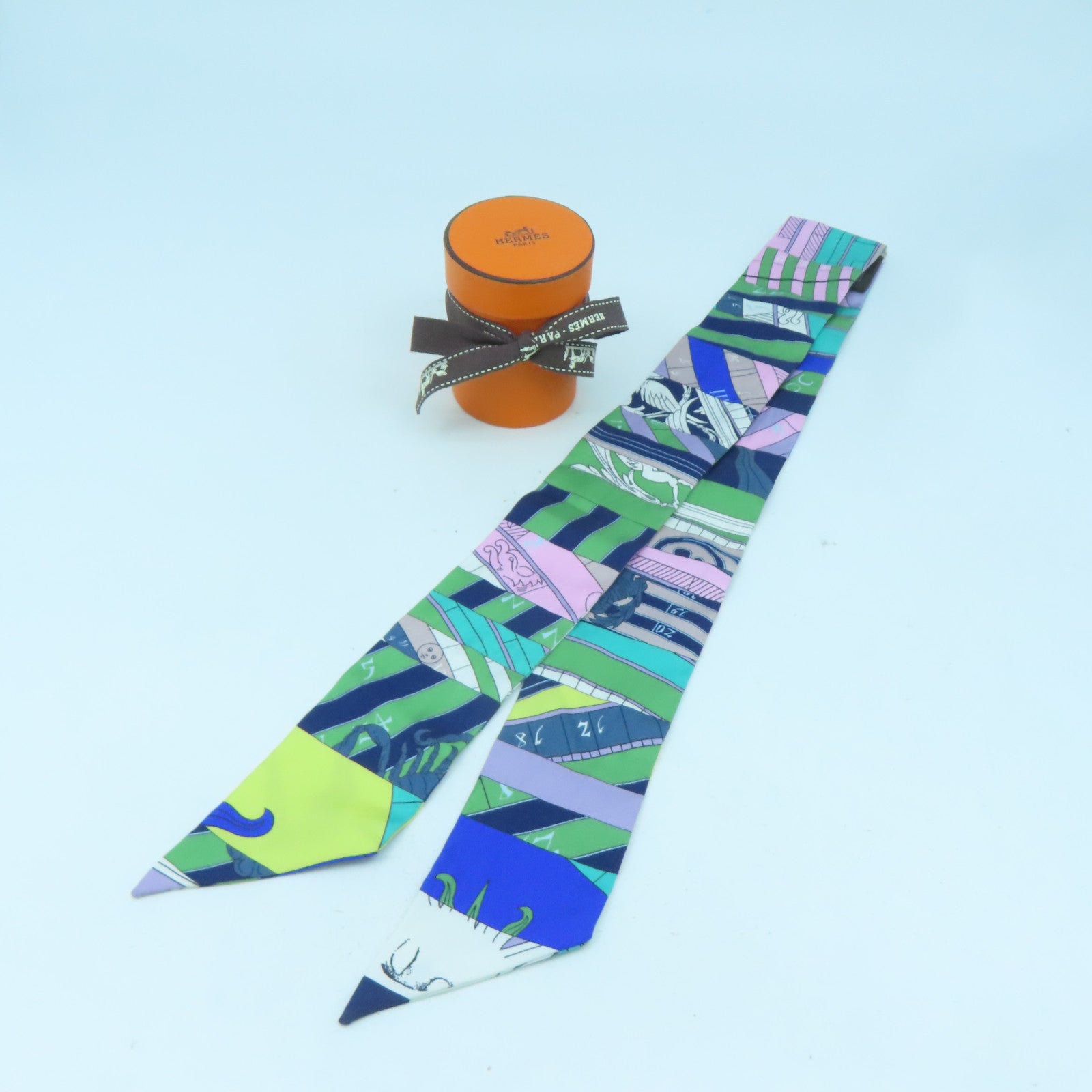 HERMES 【激減優惠】絲質Twilly Scarf絲巾色藍色/綠色