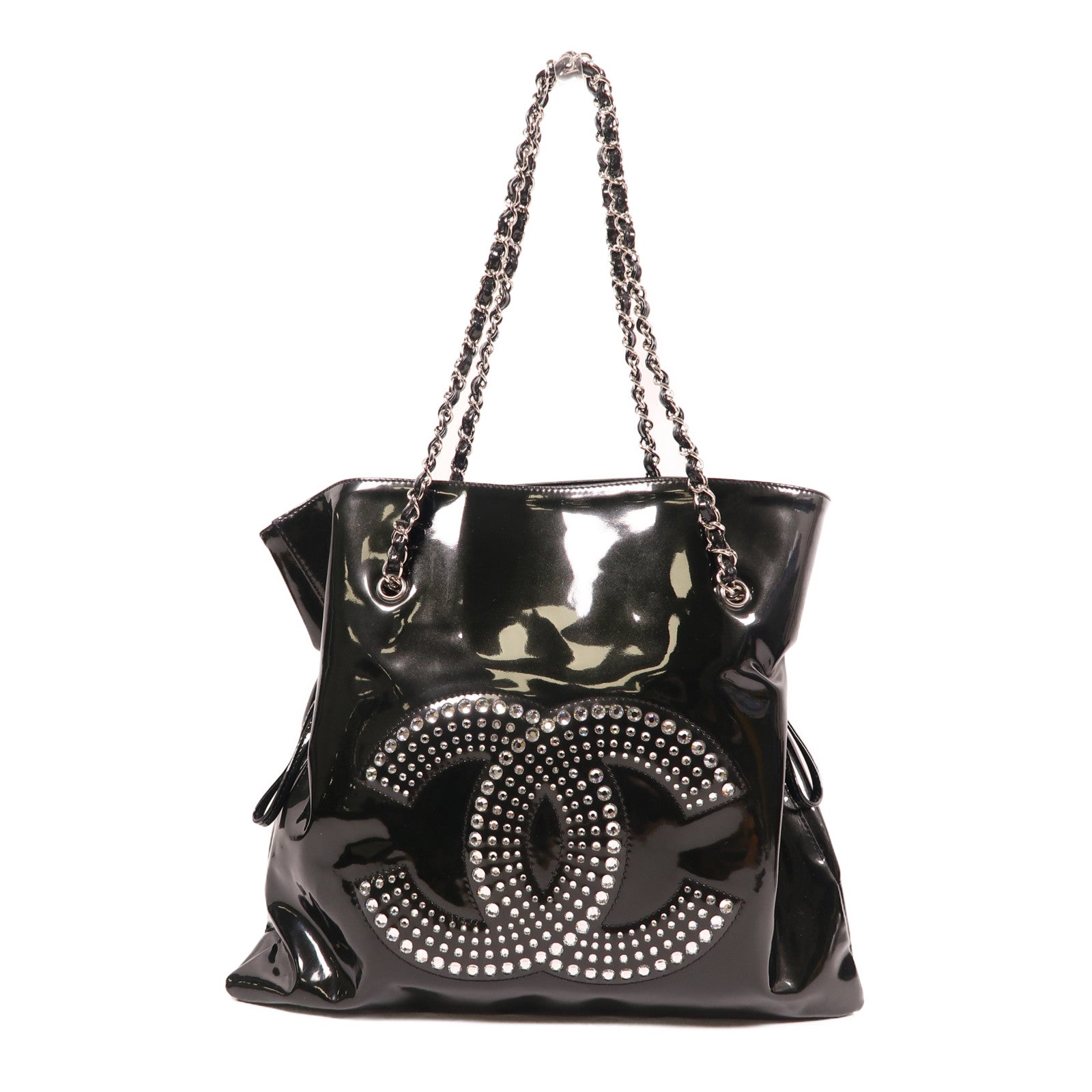 CHANEL 漆皮皮革Chain Shoulder銀扣肩背袋黑色