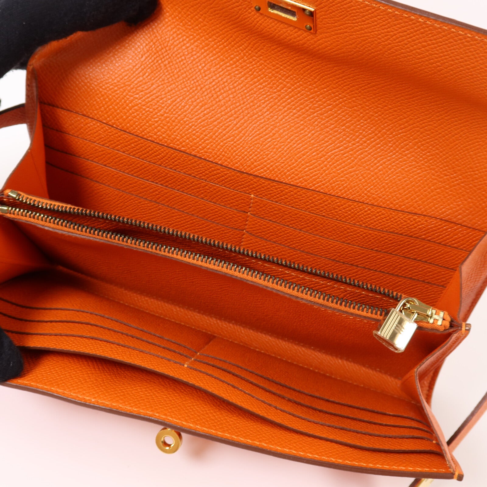 HERMES Epsom皮革Kelly Long Wallet金扣長錢包Orange Poppy