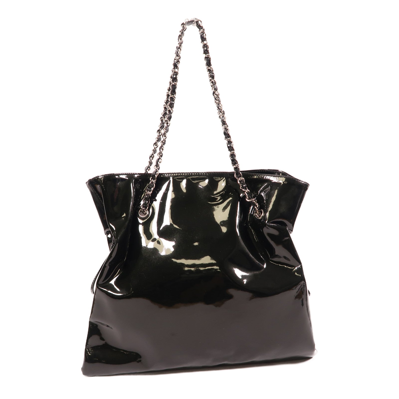 CHANEL 漆皮皮革Chain Shoulder銀扣肩背袋黑色