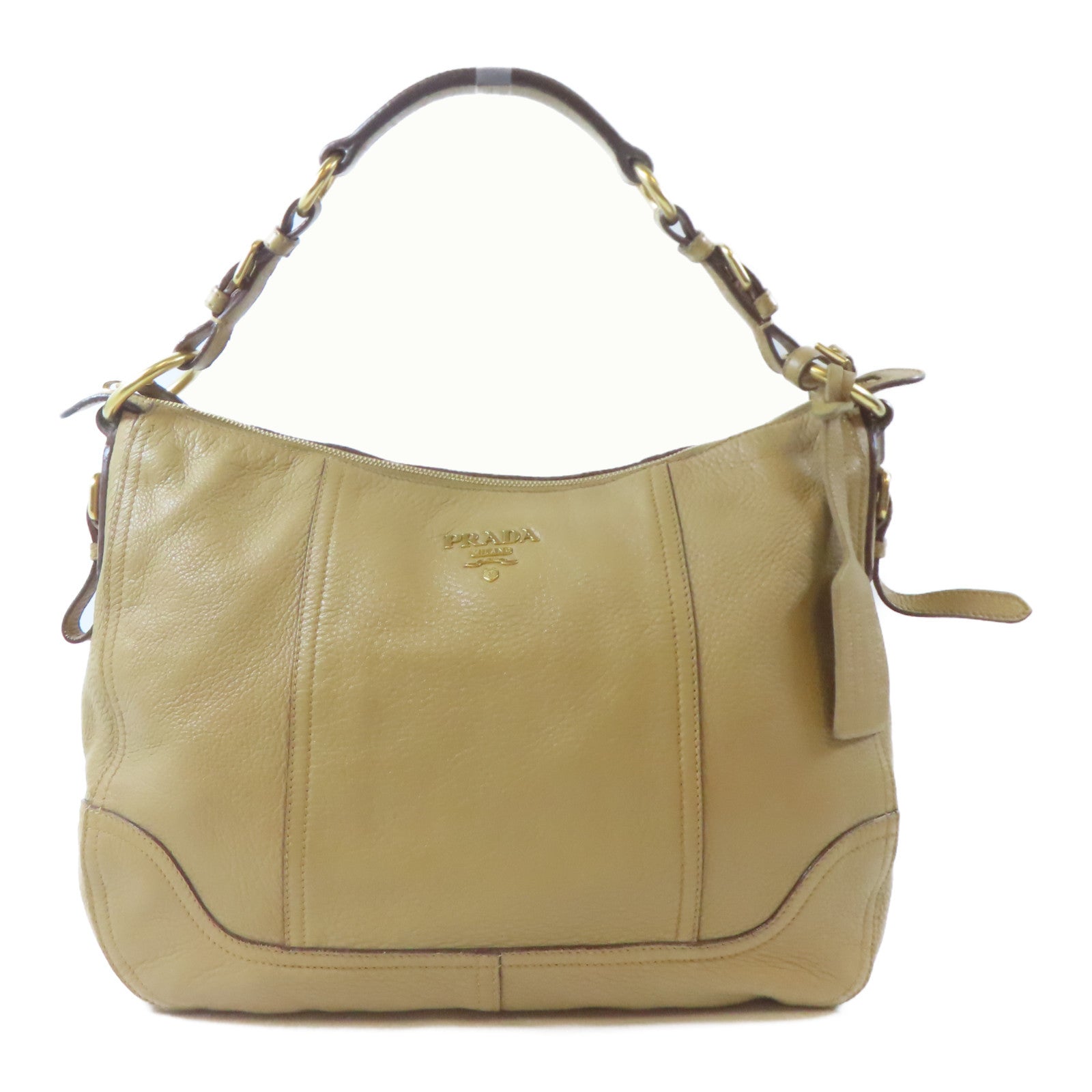 PRADA 牛皮皮革Shoulder Bag金扣肩背袋卡其色