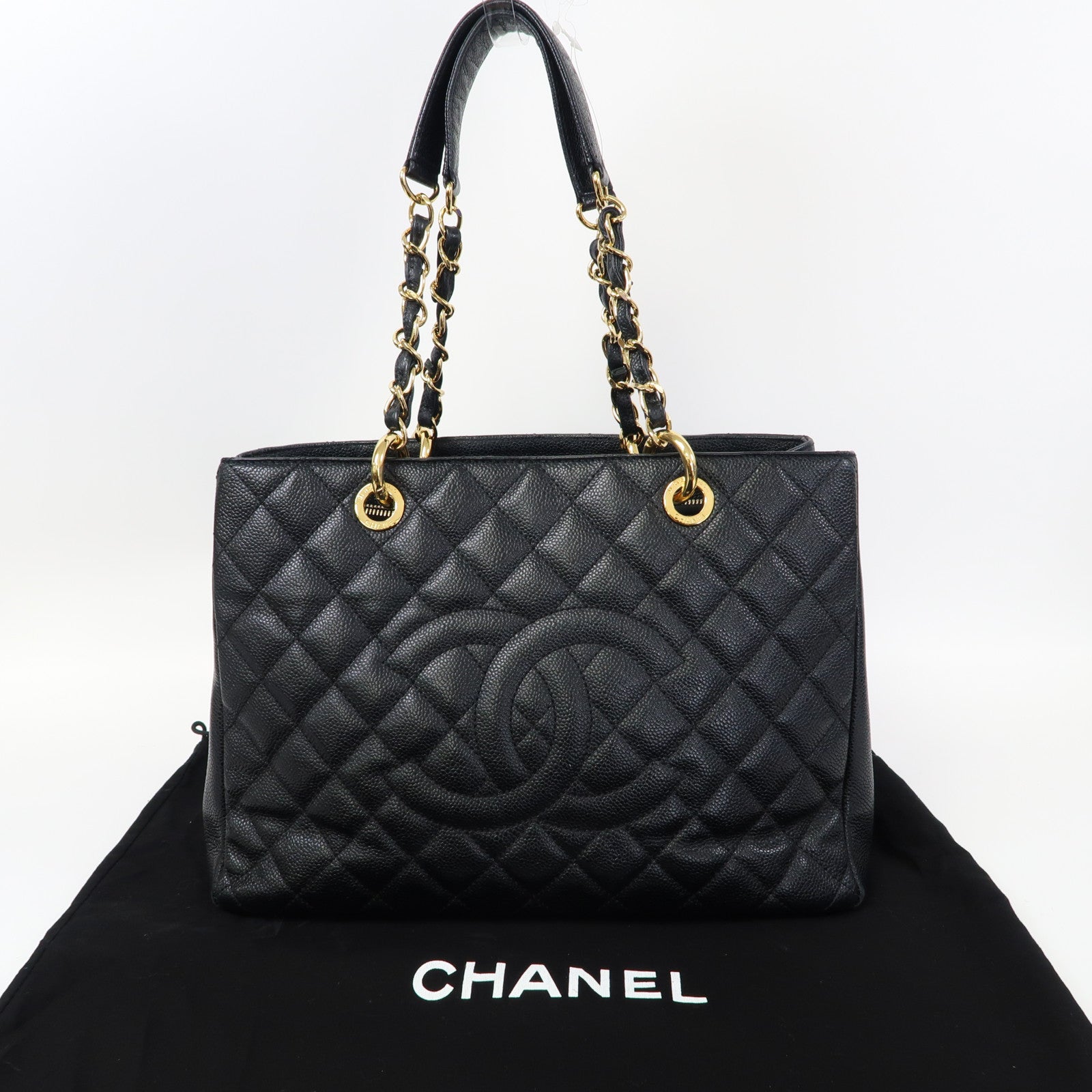 CHANEL 菱格Caviar皮革Grand Shopping Tote Bag金扣肩背袋黑色