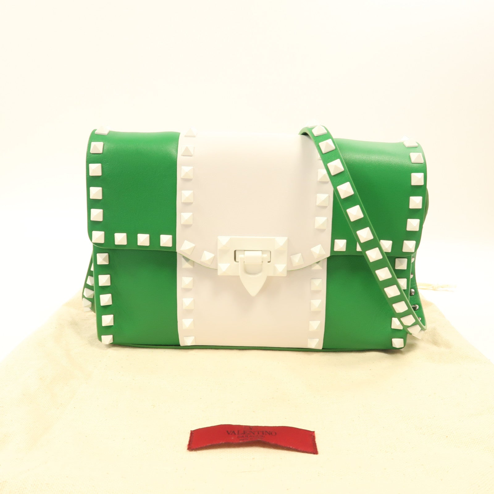 Valentino 牛皮皮革Garavani Rockstud銀扣肩背袋綠色/白色