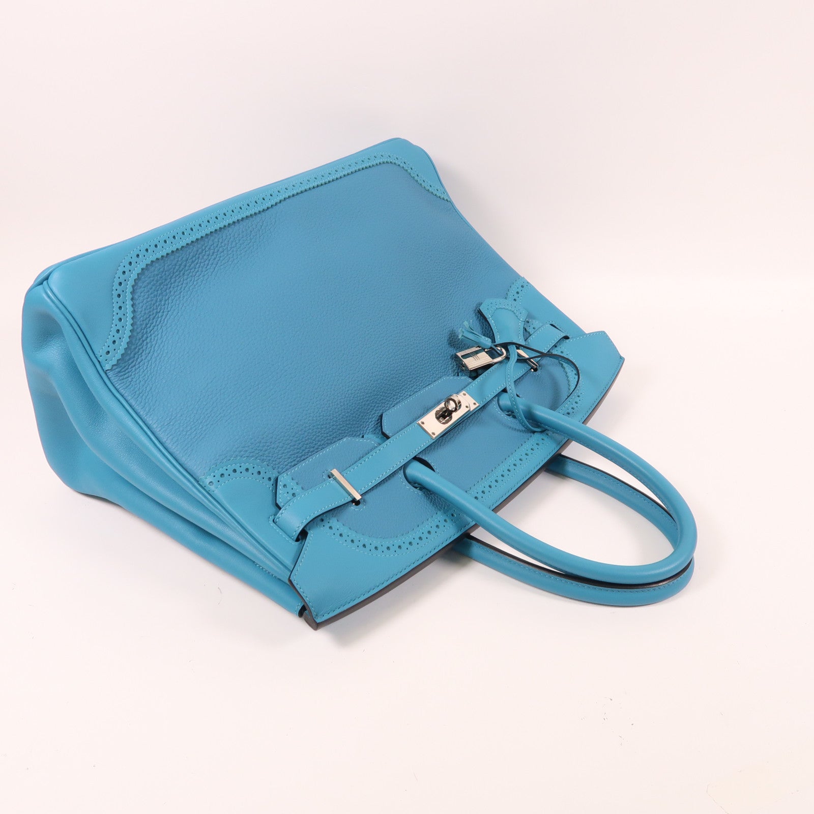 HERMES Clemence皮革Birkin 35 Ghillies銀扣手挽袋綠松石色