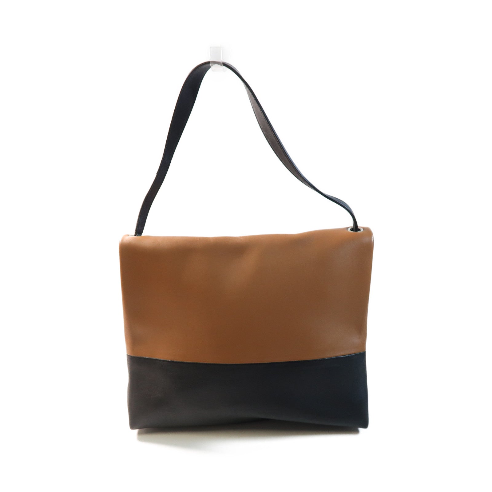 CELINE 牛皮皮革All Soft Mellow Shoulder銀扣肩背袋黑色/啡色/白色