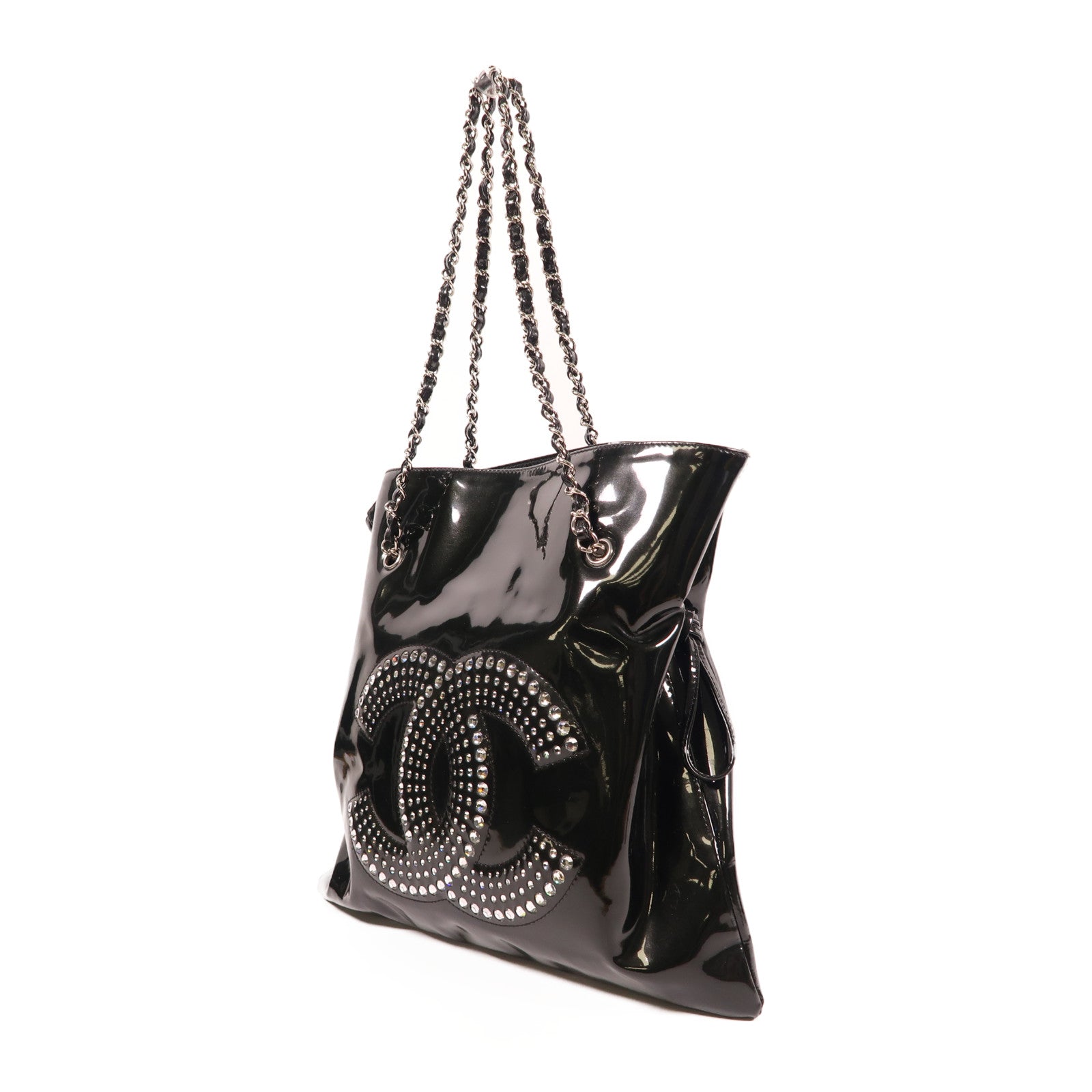 CHANEL 漆皮皮革Chain Shoulder銀扣肩背袋黑色