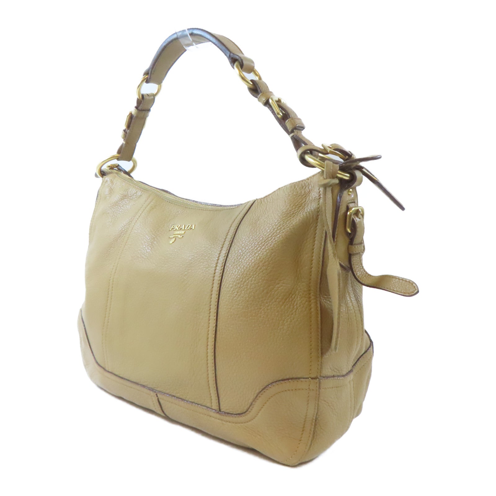 PRADA 牛皮皮革Shoulder Bag金扣肩背袋卡其色