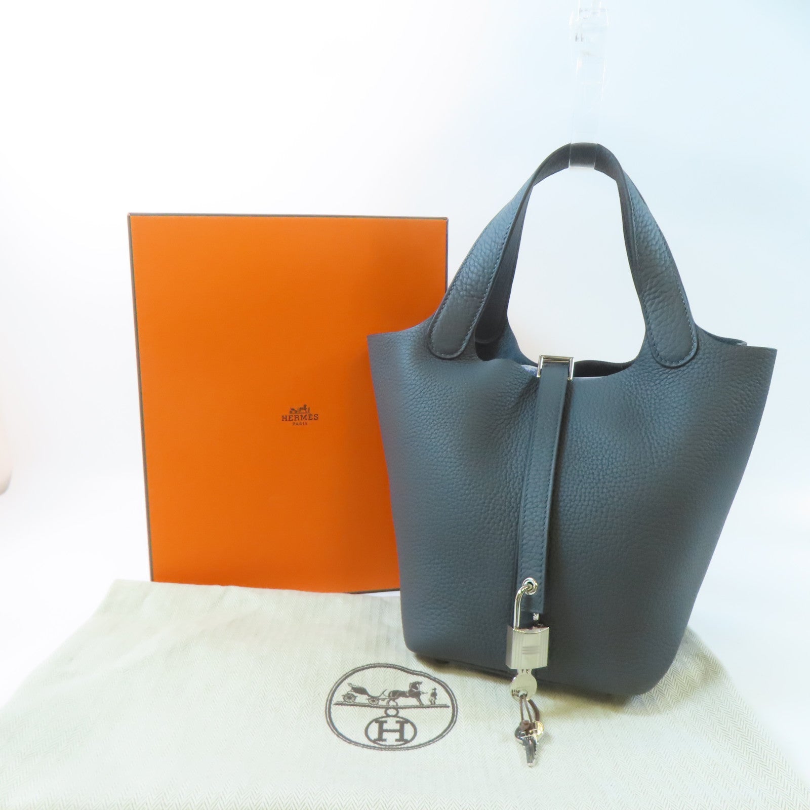 HERMES Clemence皮革Picotin PM銀扣手挽袋Gris Misty