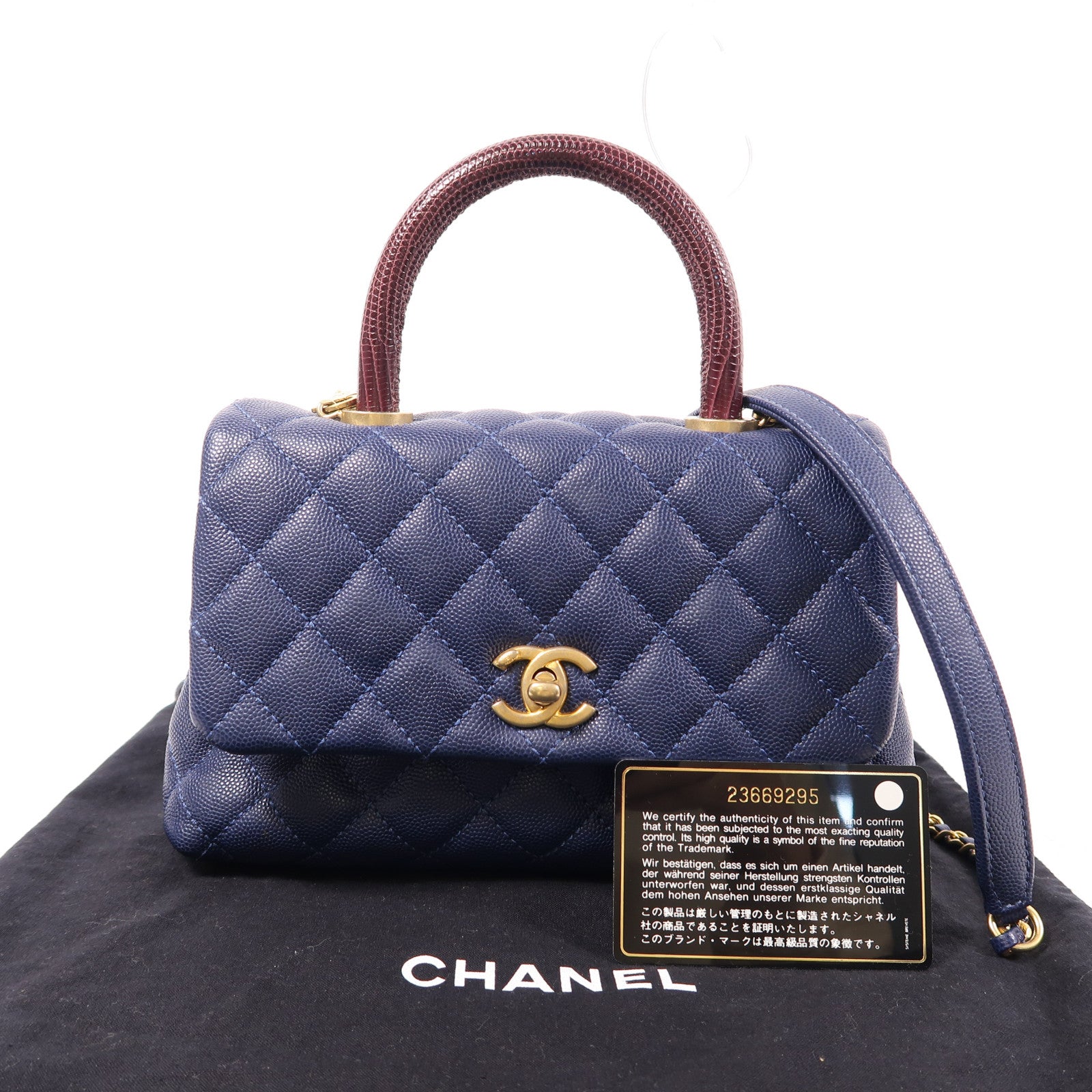 CHANEL 菱格牛皮皮革/蜥蝪皮革Coco Handle金扣手挽肩背兩用袋藍色