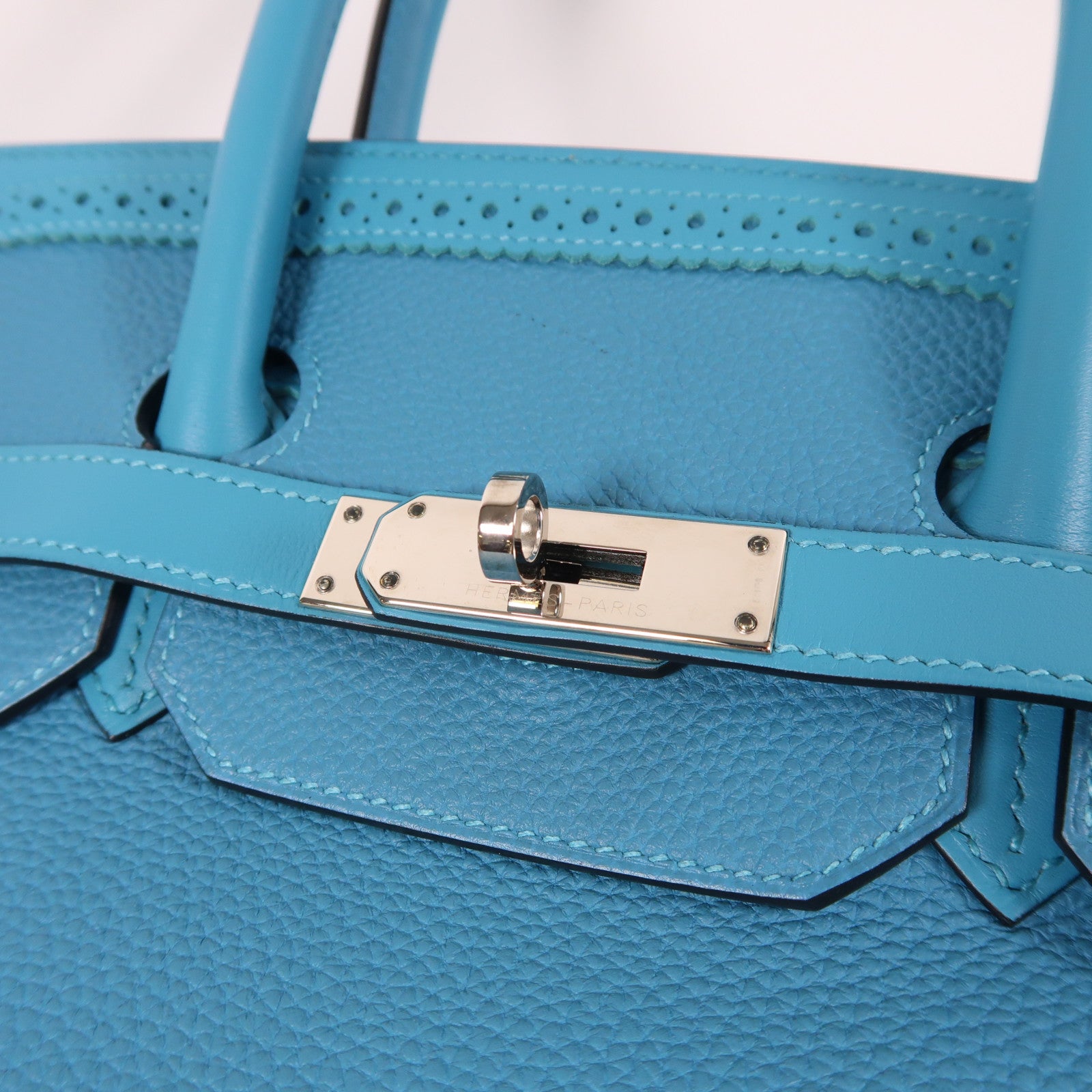 HERMES Clemence皮革Birkin 35 Ghillies銀扣手挽袋綠松石色