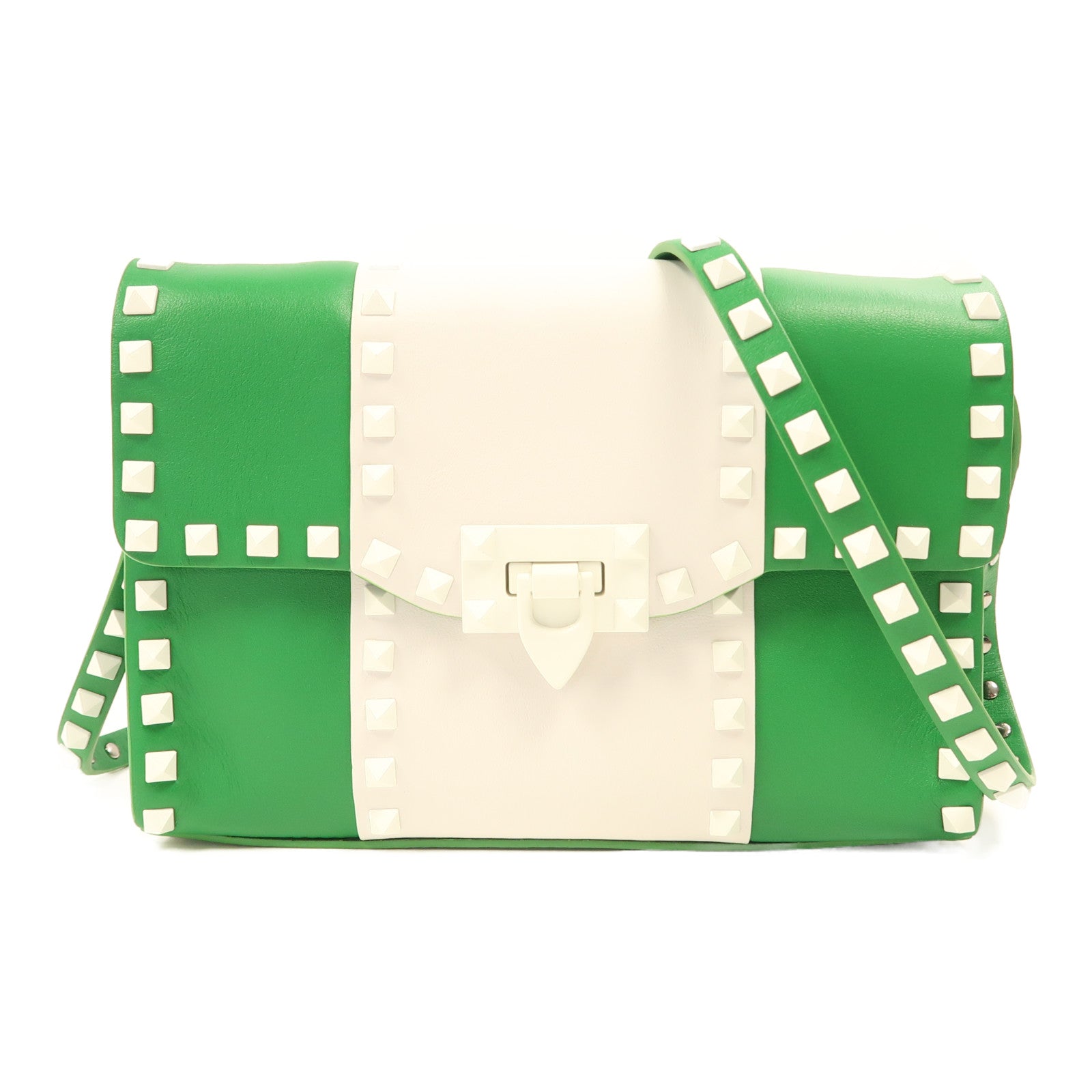 Valentino 牛皮皮革Garavani Rockstud銀扣肩背袋綠色/白色