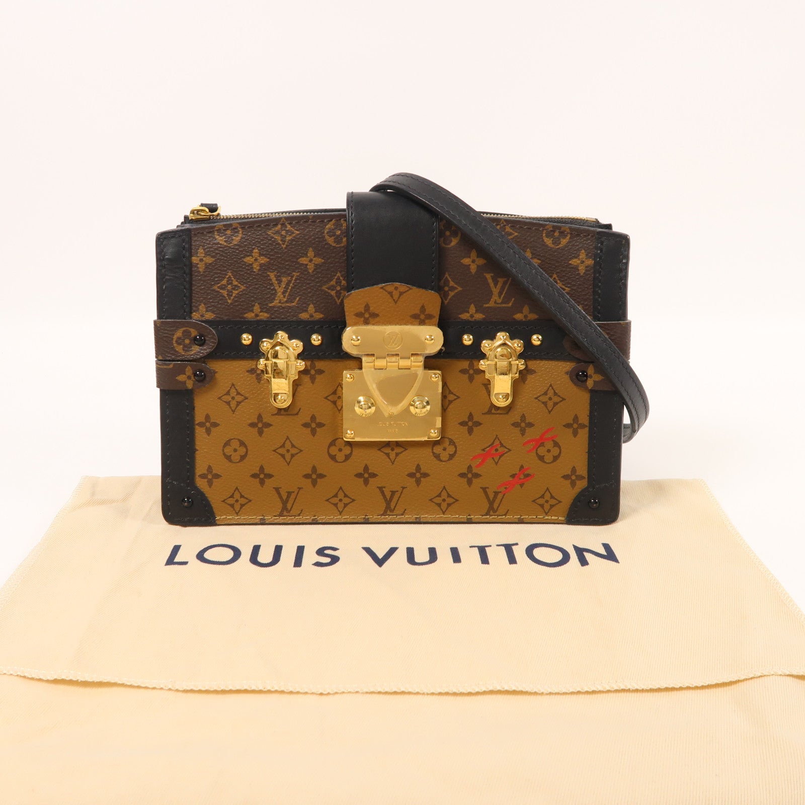 LOUIS VUITTON Monogram Reverse Trunk Clutch金扣肩背袋棕色