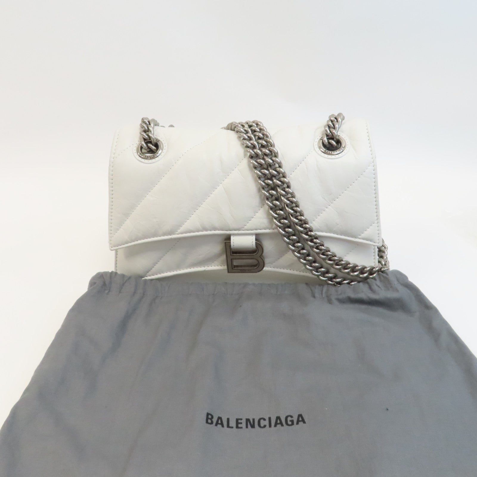 BALENCIAGA 牛皮皮革Crush Small Chain Bag銀扣鏈帶肩背袋白色