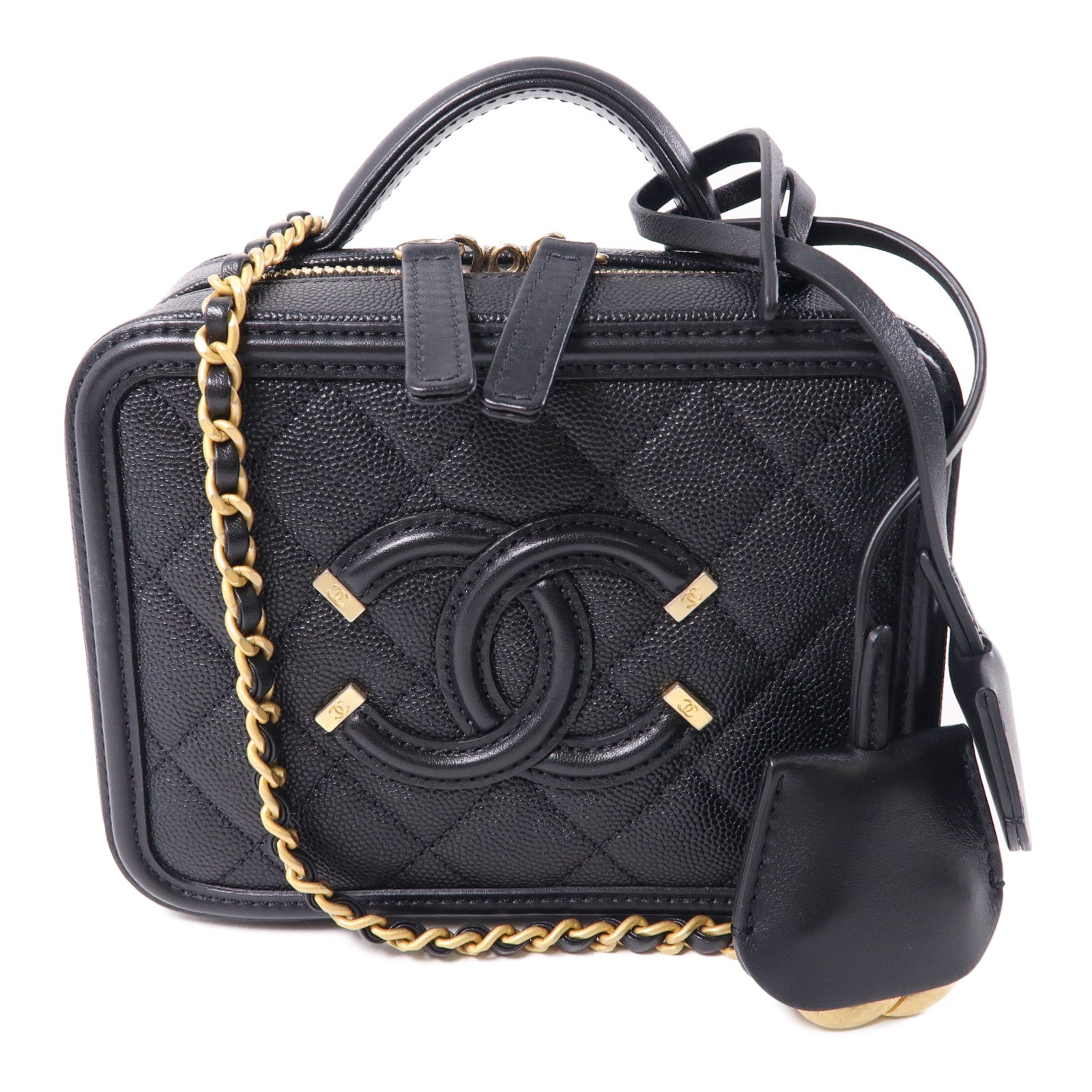 CHANEL 【激減優惠】菱格牛皮皮革Vanity Case金扣手挽肩背兩用袋黑色