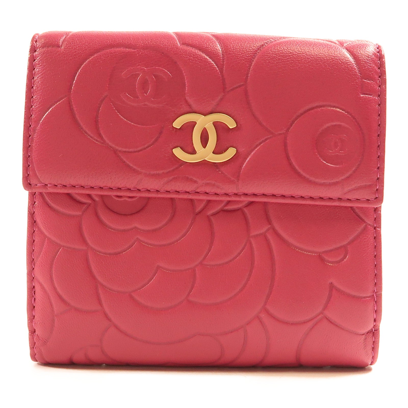 CHANEL 皮革Wallet金扣錢包粉紅色/金色