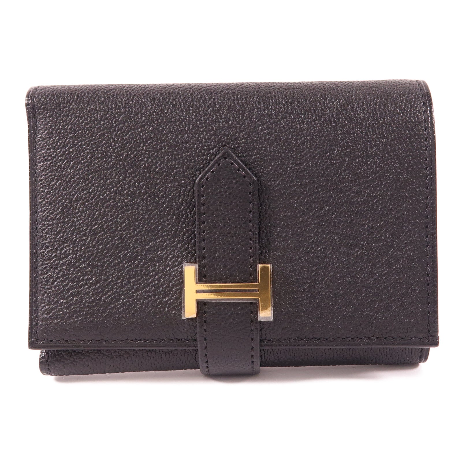 HERMES Chevre Mysore皮革Bearn Short Trifold Wallet金扣錢包Noir