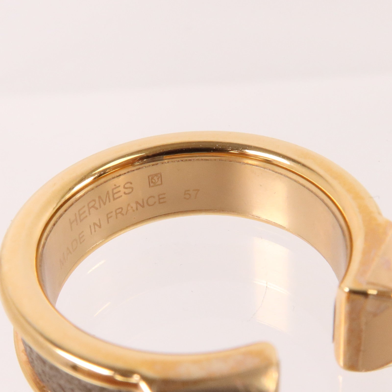 HERMES Madame皮革/金屬Athena Double Stud戒指Etoupe