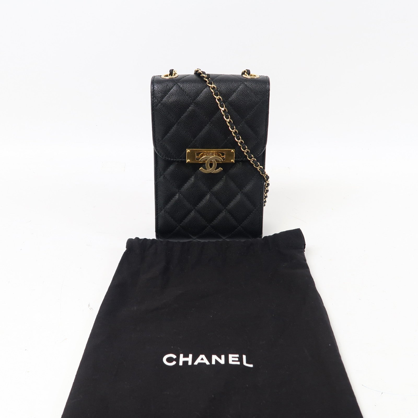 CHANEL 菱格Caviar皮革Chain Shoulder金扣鏈帶肩背袋黑色