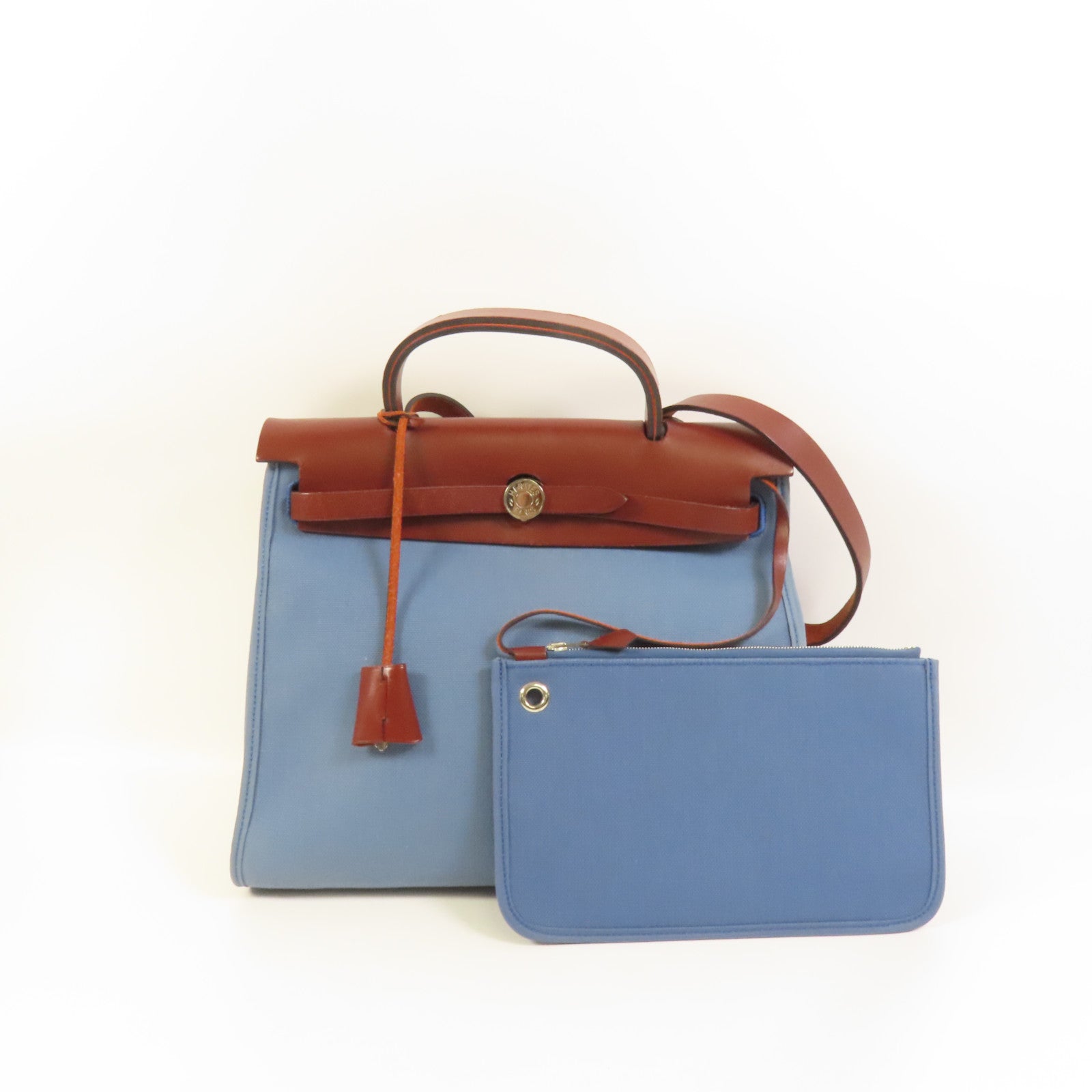 HERMES 帆布HerBag PM銀扣手挽肩背兩用袋Blue Agate
