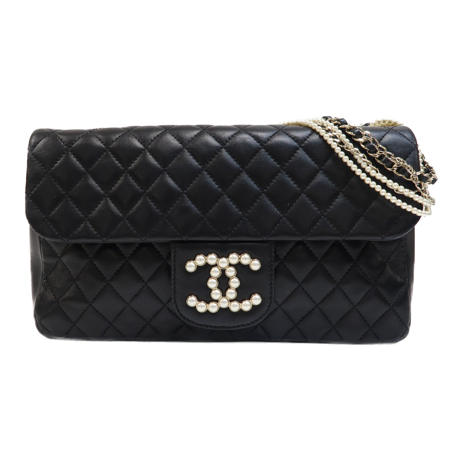 CHANEL 菱格羊皮皮革Westminster Pearl金扣手挽袋黑色