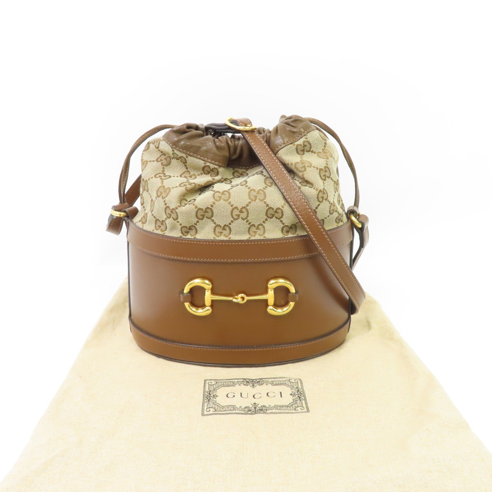 GUCCI 皮革/帆布Horsebit 1955金扣肩背袋啡色