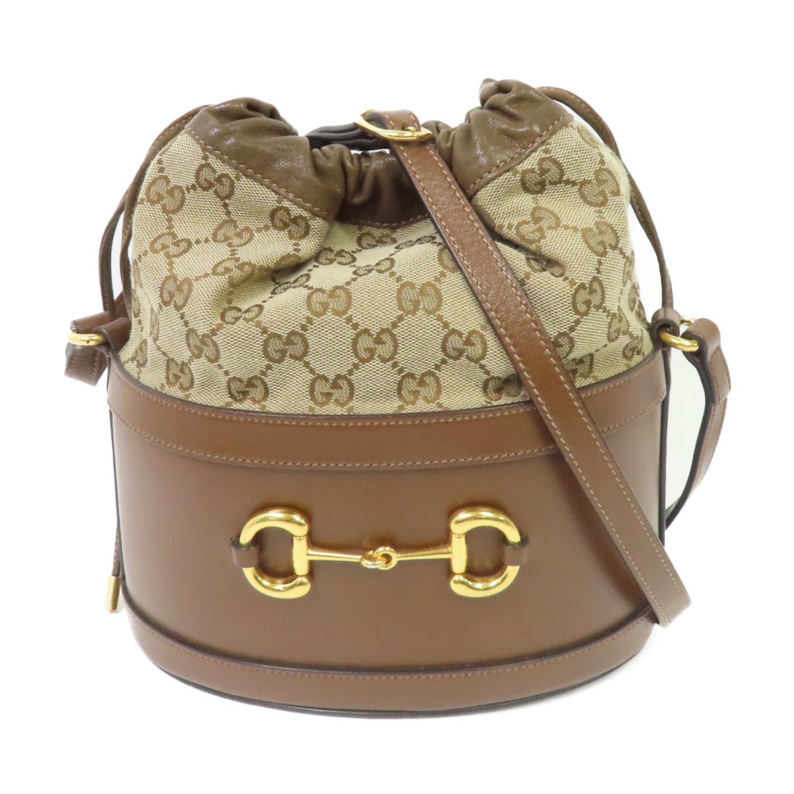 GUCCI 皮革/帆布Horsebit 1955金扣肩背袋啡色