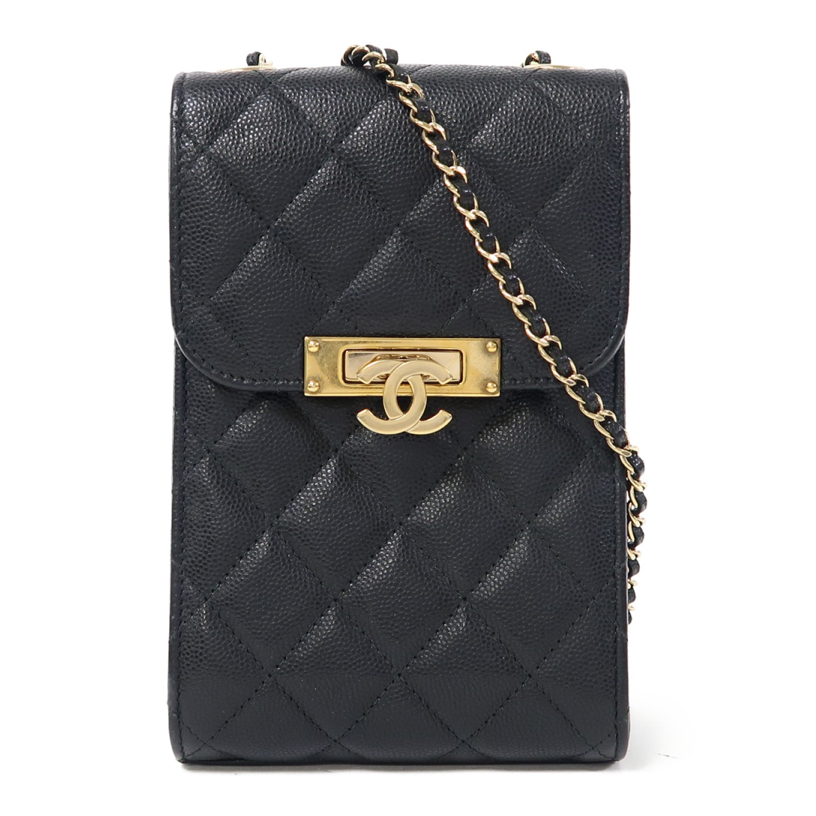 CHANEL 菱格Caviar皮革Chain Shoulder金扣鏈帶肩背袋黑色