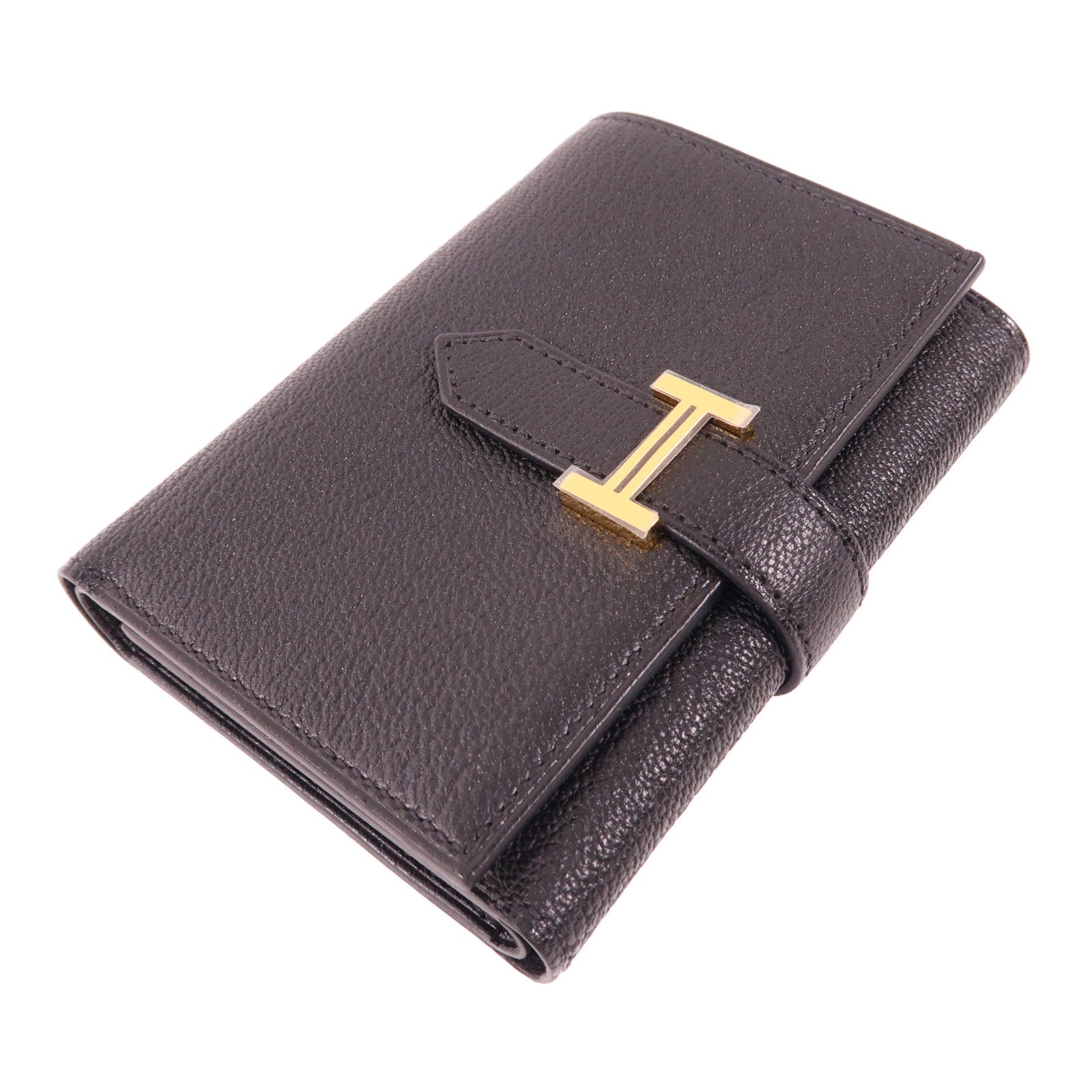 HERMES Chevre Mysore皮革Bearn Short Trifold Wallet金扣錢包Noir
