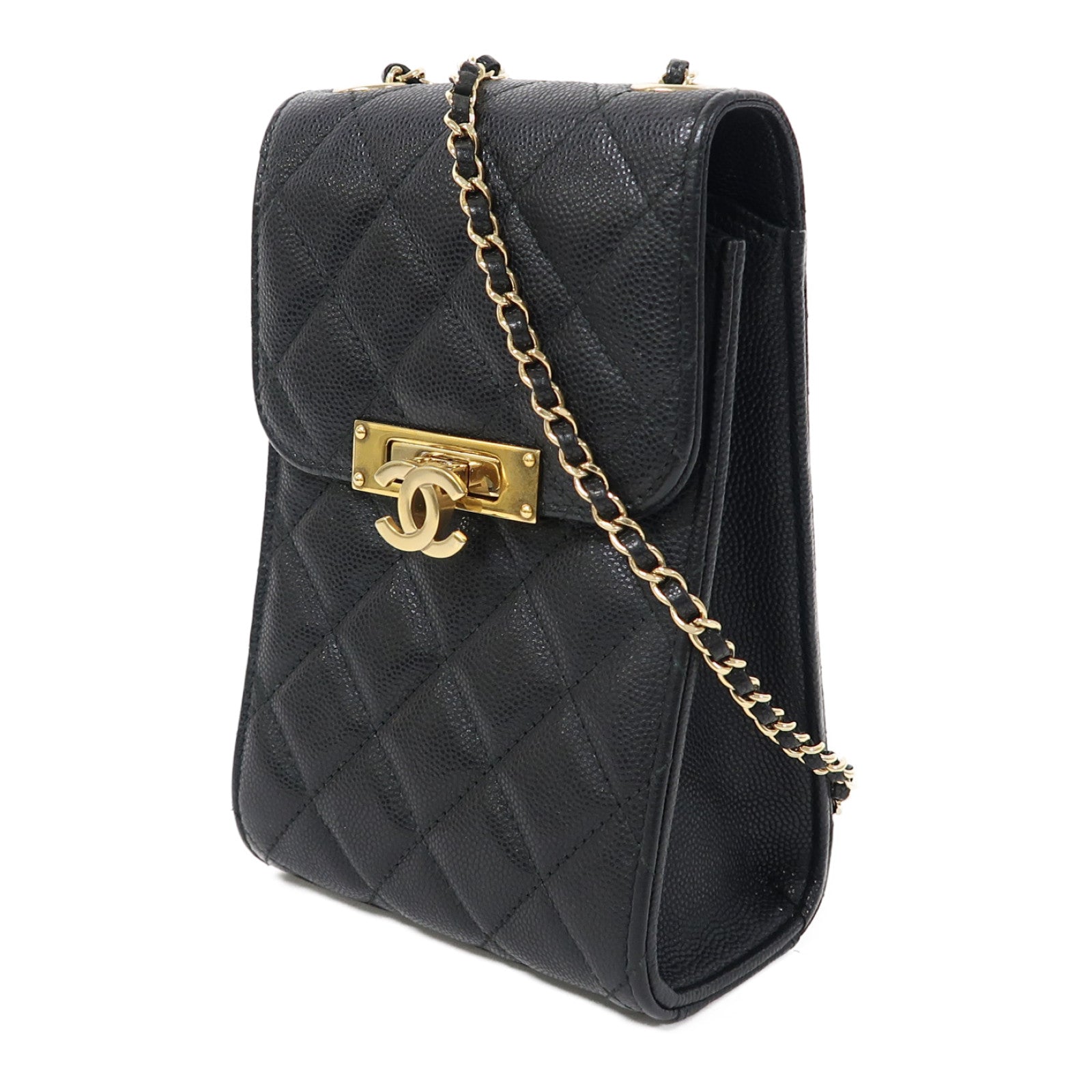 CHANEL 菱格Caviar皮革Chain Shoulder金扣鏈帶肩背袋黑色