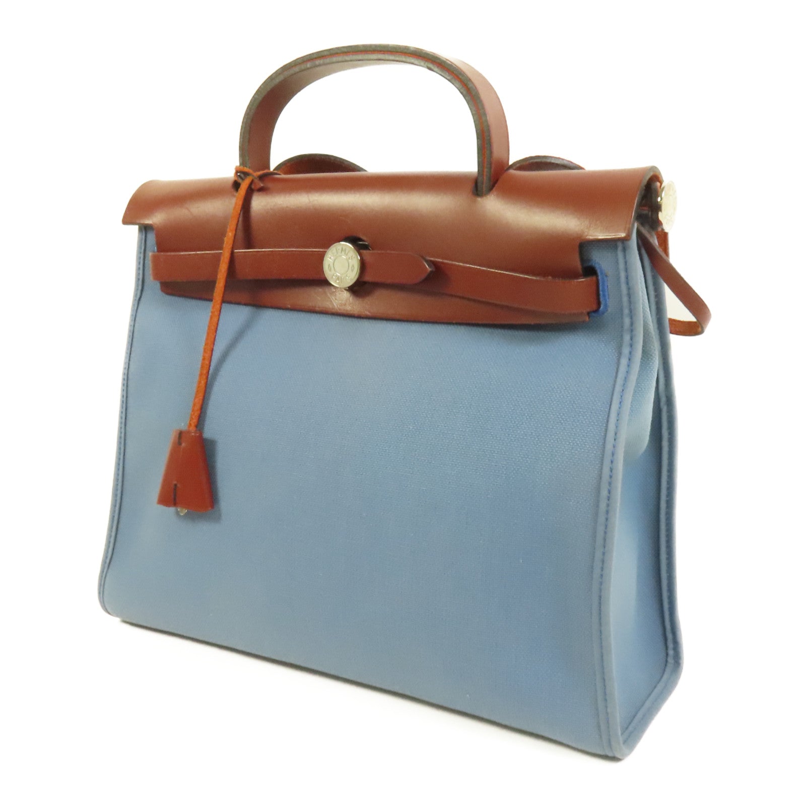 HERMES 帆布HerBag PM銀扣手挽肩背兩用袋Blue Agate