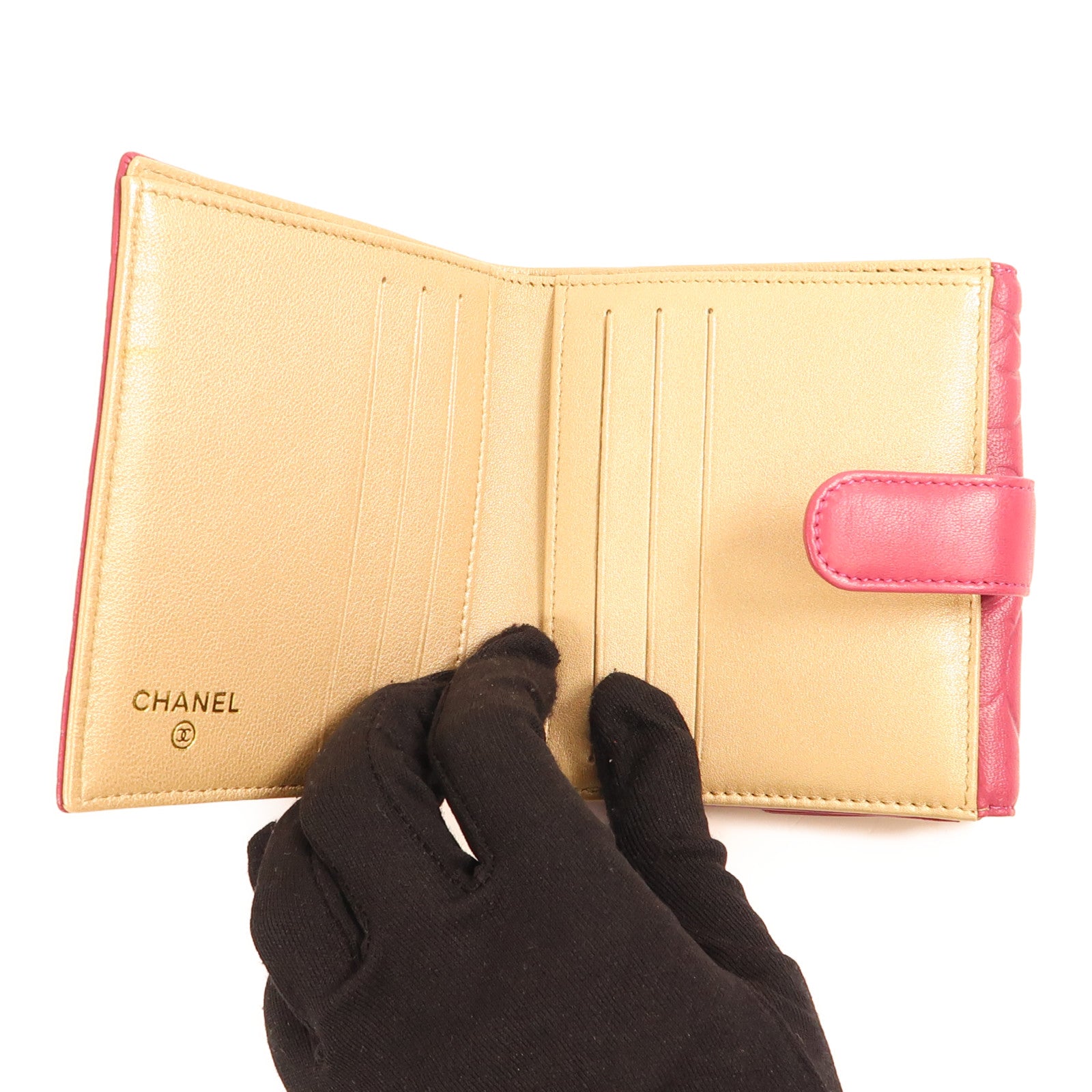 CHANEL 皮革Wallet金扣錢包粉紅色/金色