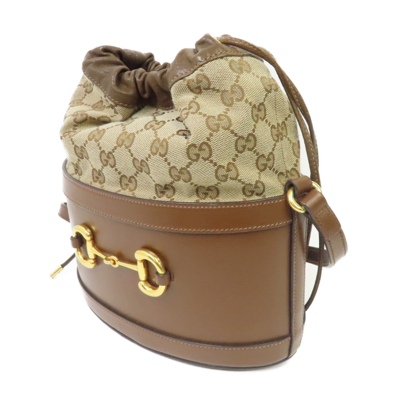 GUCCI 皮革/帆布Horsebit 1955金扣肩背袋啡色