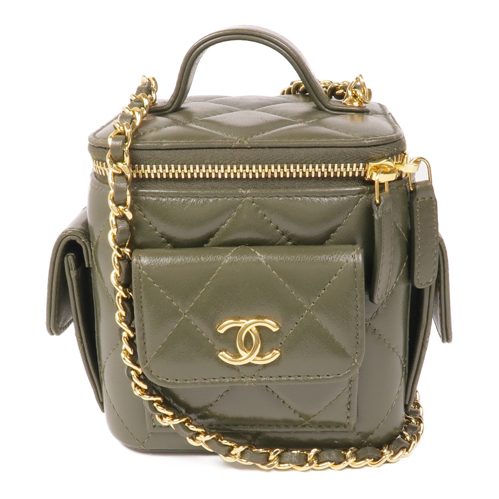 CHANELCC GHW Polly Pocket Chain 2 Way Bag Lambskin Leather Olive Green