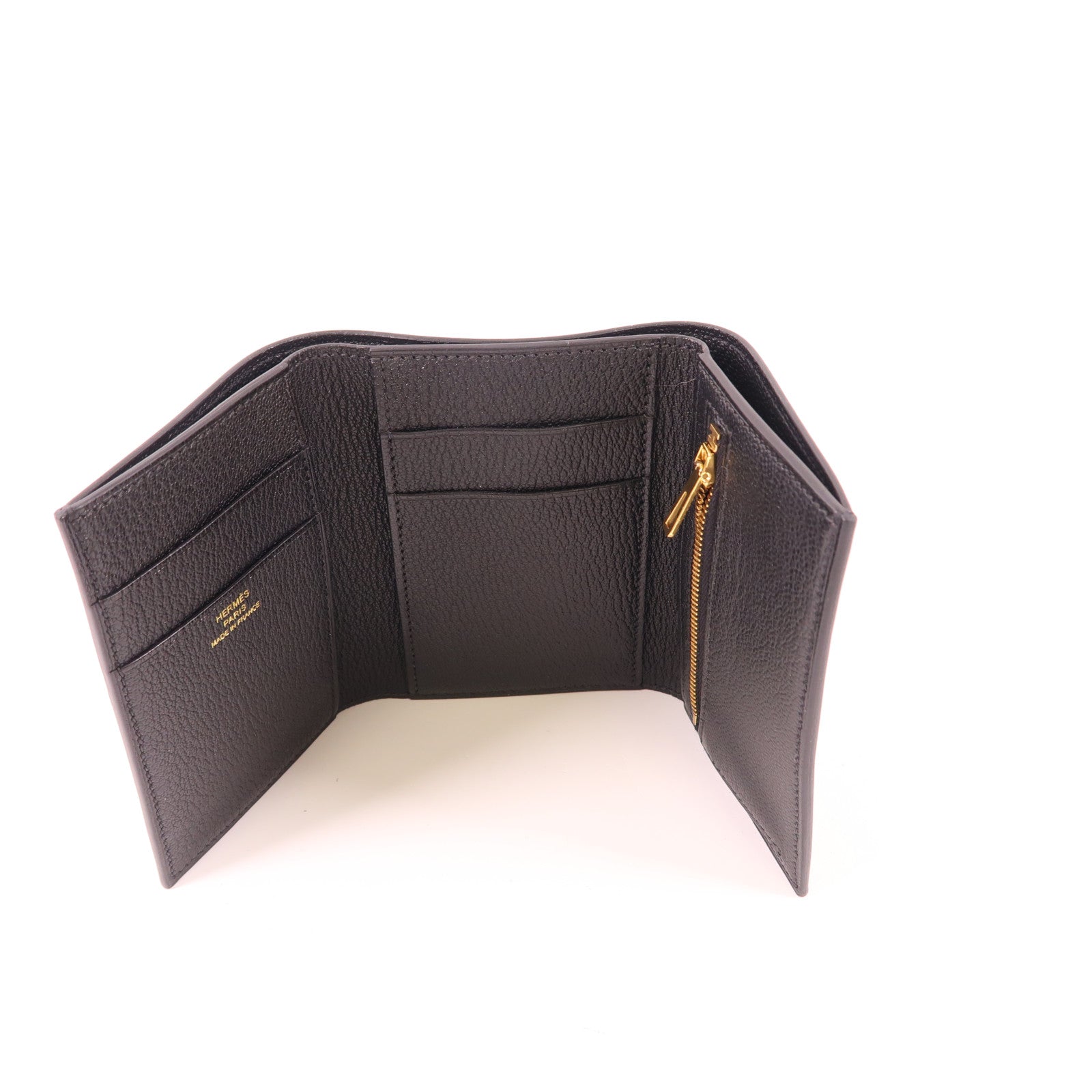 HERMES Chevre Mysore皮革Bearn Short Trifold Wallet金扣錢包Noir