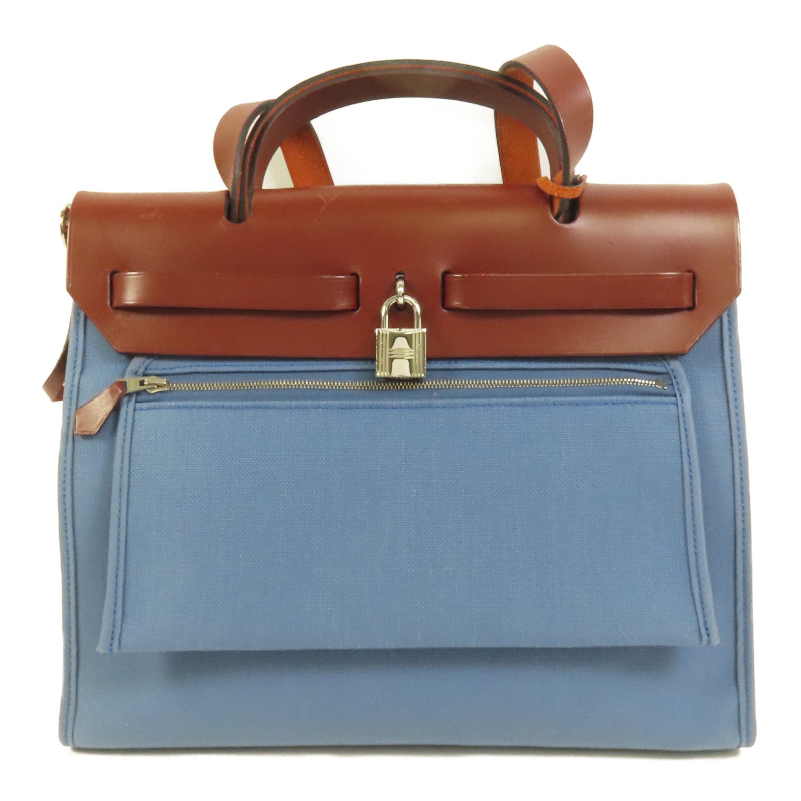 HERMES 帆布HerBag PM銀扣手挽肩背兩用袋Blue Agate