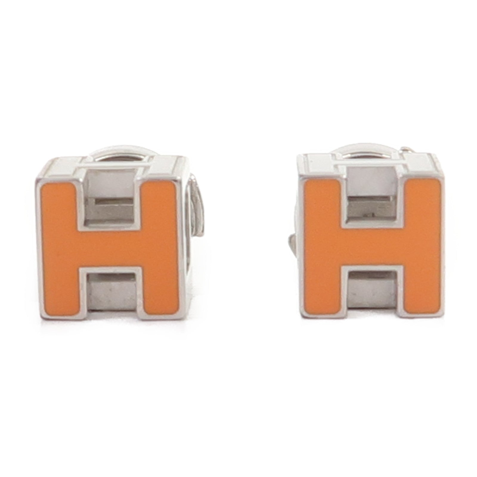 HERMES 金屬Cage d'H (H Cube)耳環銀色/橙色