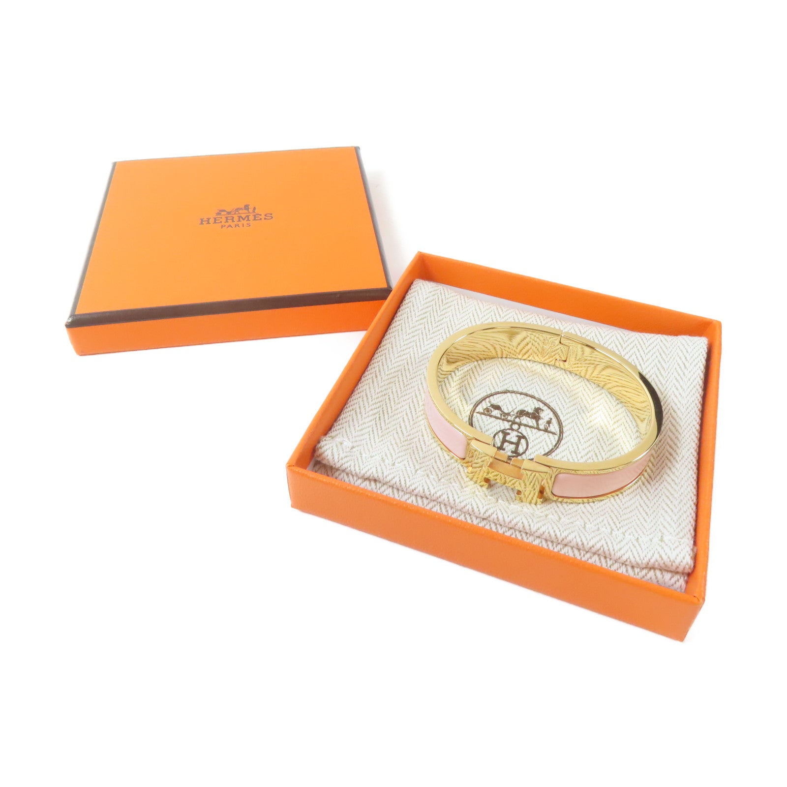 HERMES 金屬Clic H Bangle手鐲金色/Rose Sakura櫻花粉紅色#15.75cm