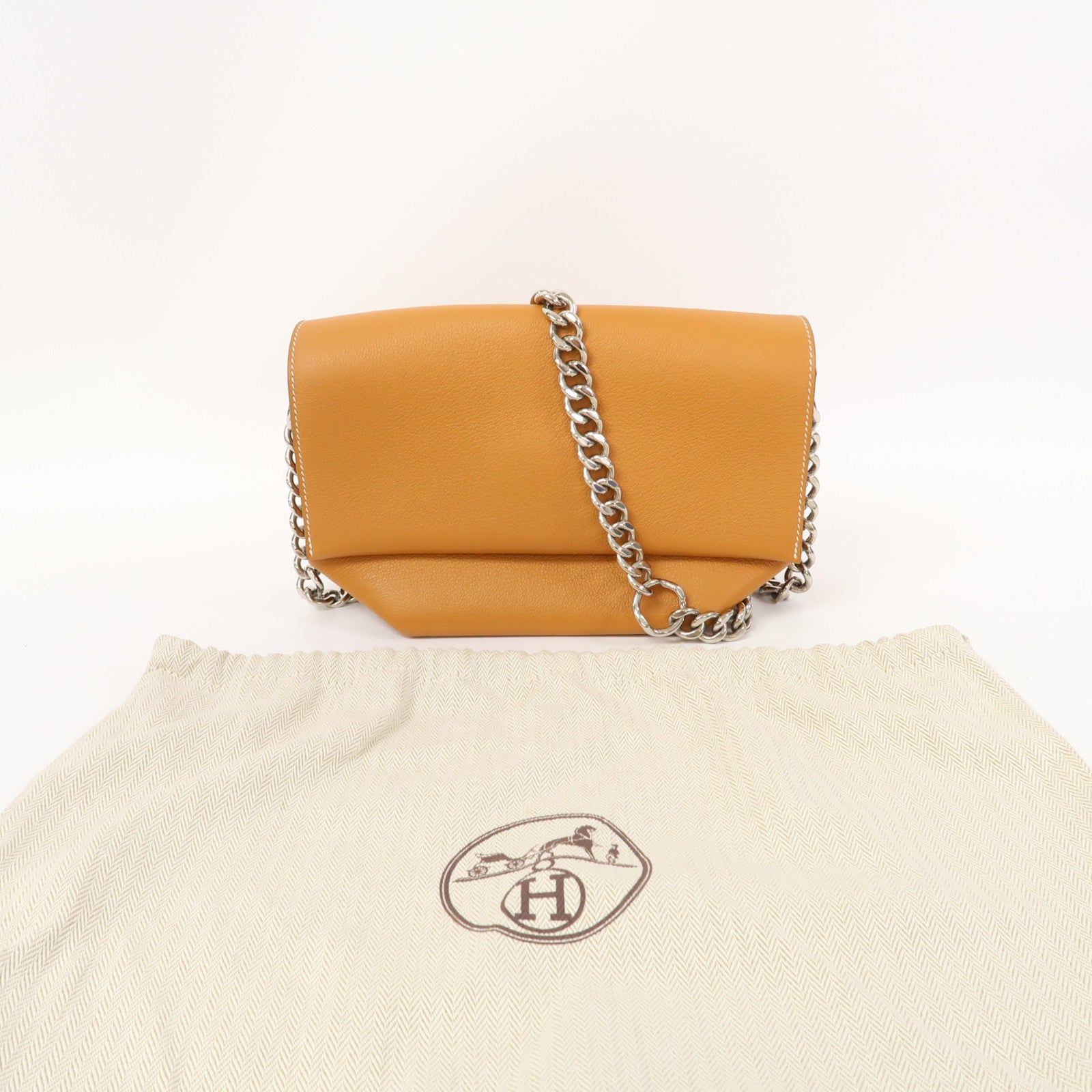 HERMES Novillo皮革Opli Chaine 24銀扣鏈帶肩背袋Toffee/太妃糖色