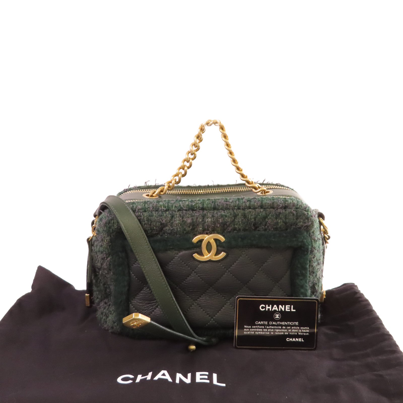 CHANEL 菱格斜紋軟呢Chain Shoulder Bag金扣鏈帶肩背袋綠色