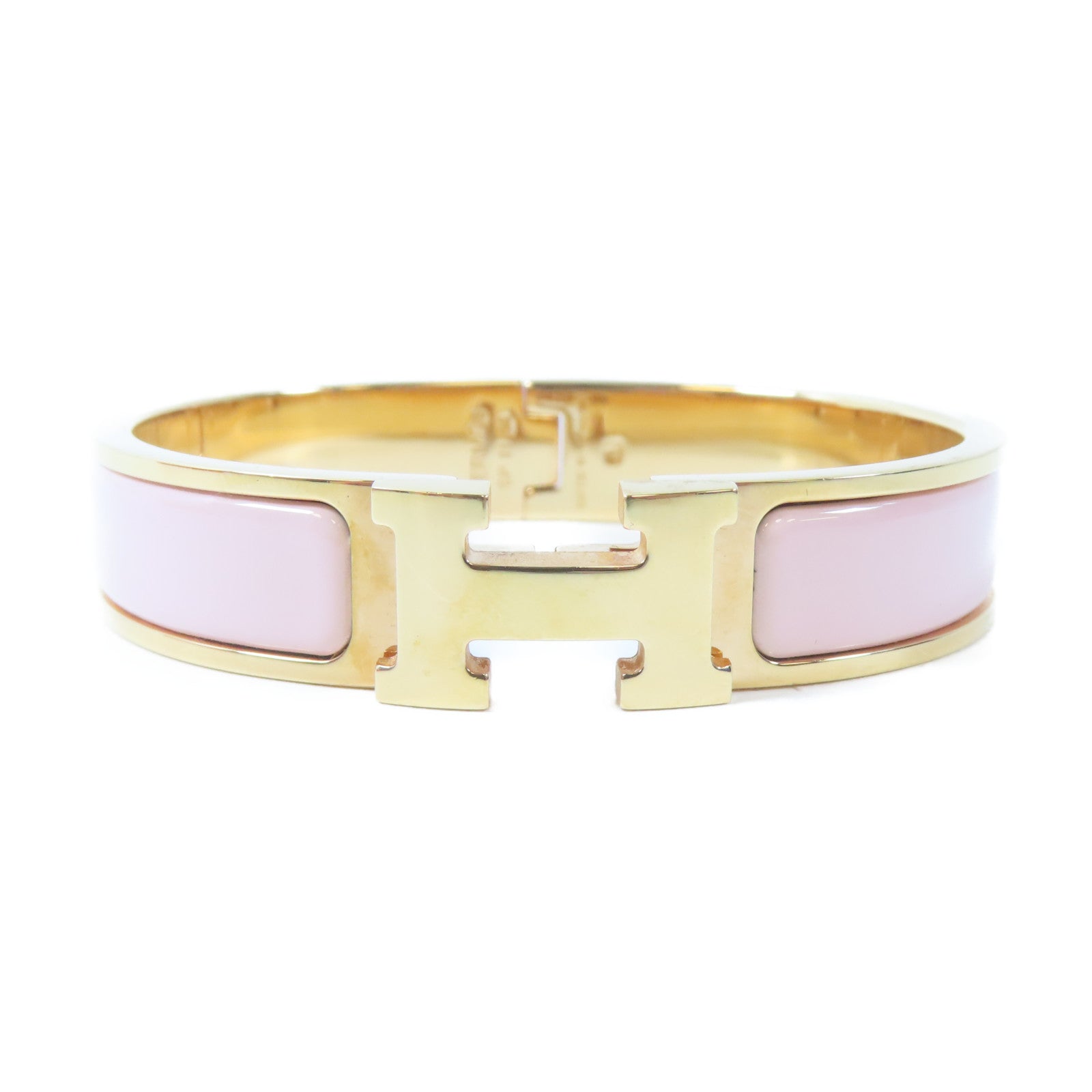 HERMES 金屬Clic H Bangle手鐲金色/Rose Sakura櫻花粉紅色#15.75cm
