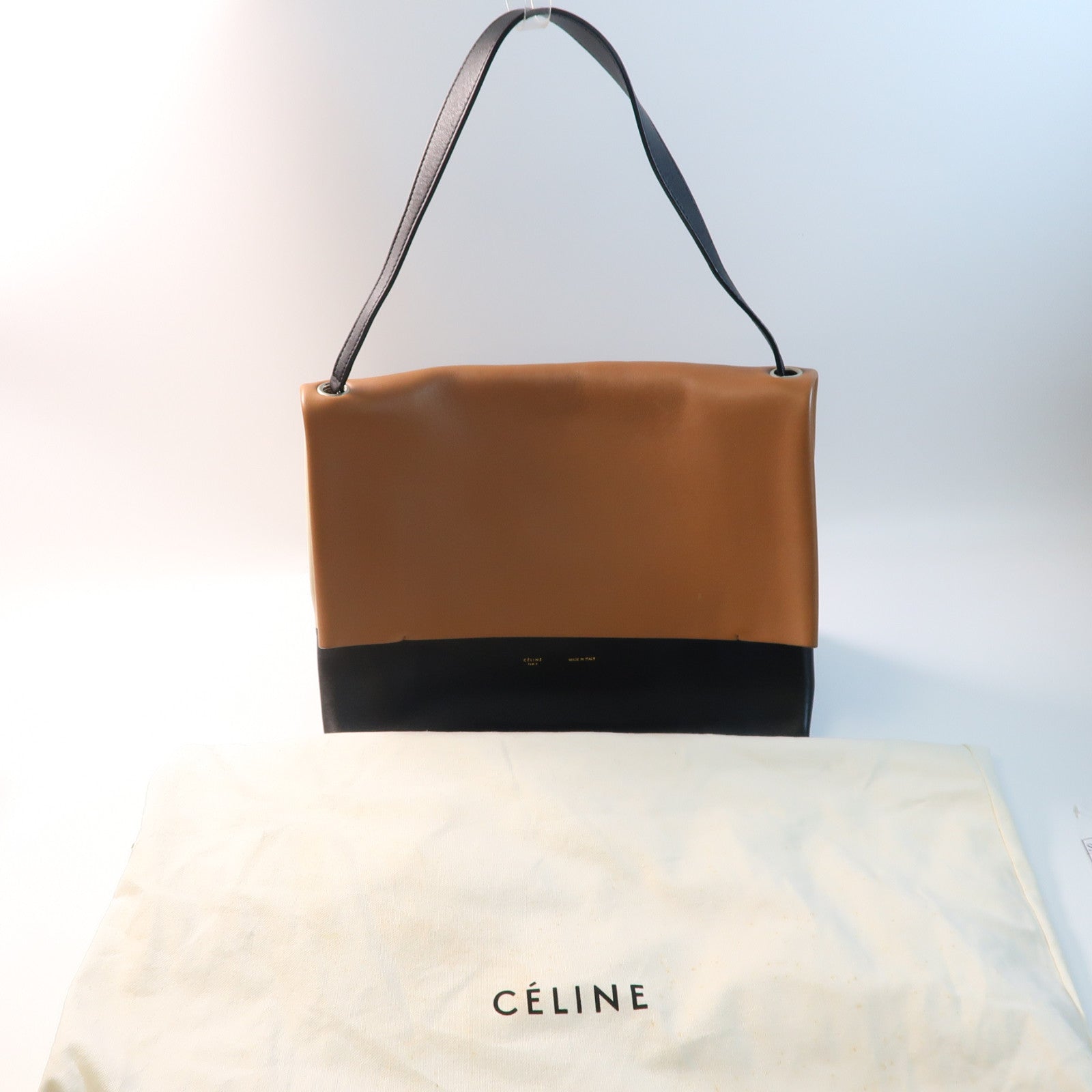 CELINE 牛皮皮革All Soft Mellow Shoulder銀扣肩背袋黑色/啡色/白色