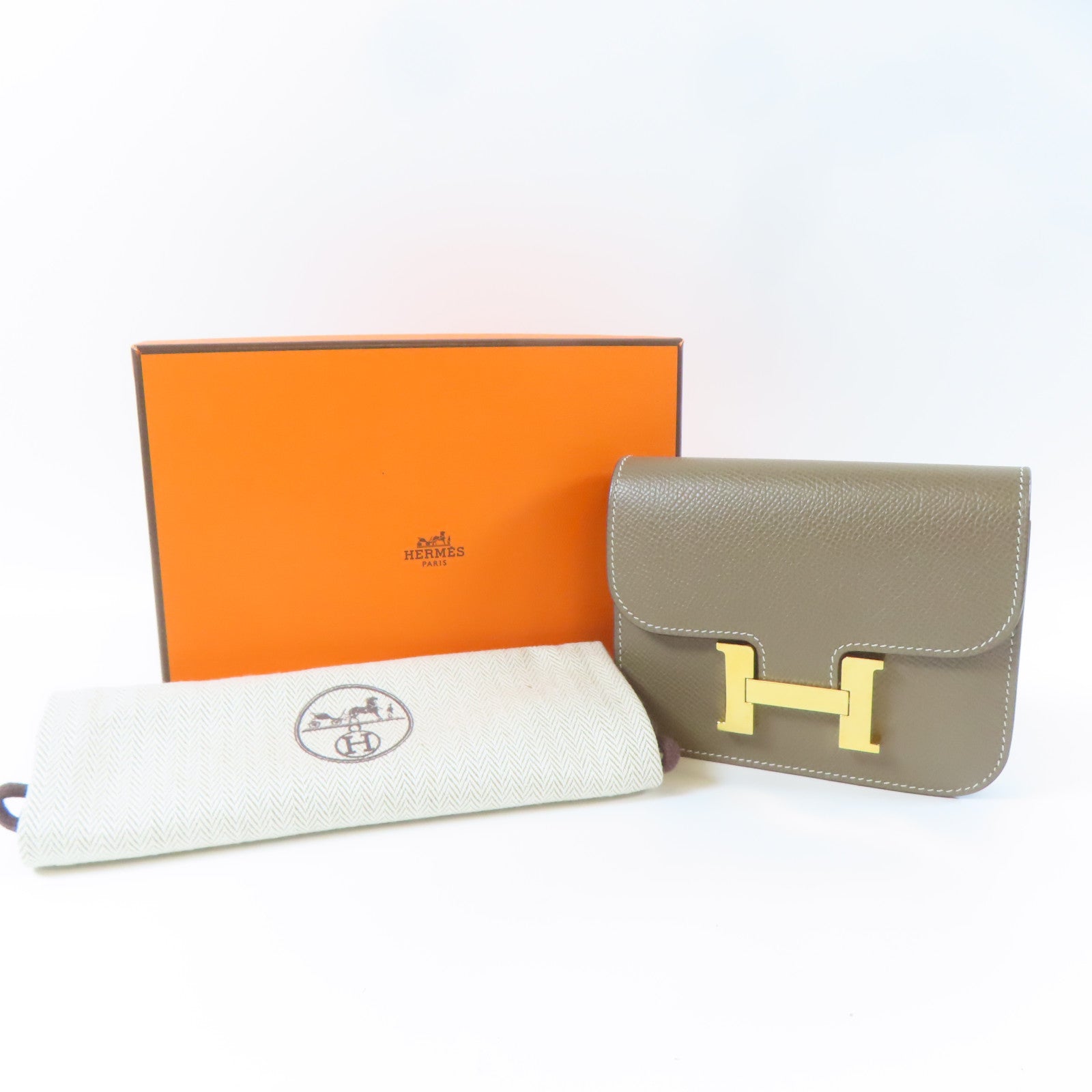 HERMES Epsom皮革Constance Slim金扣錢包大象灰色