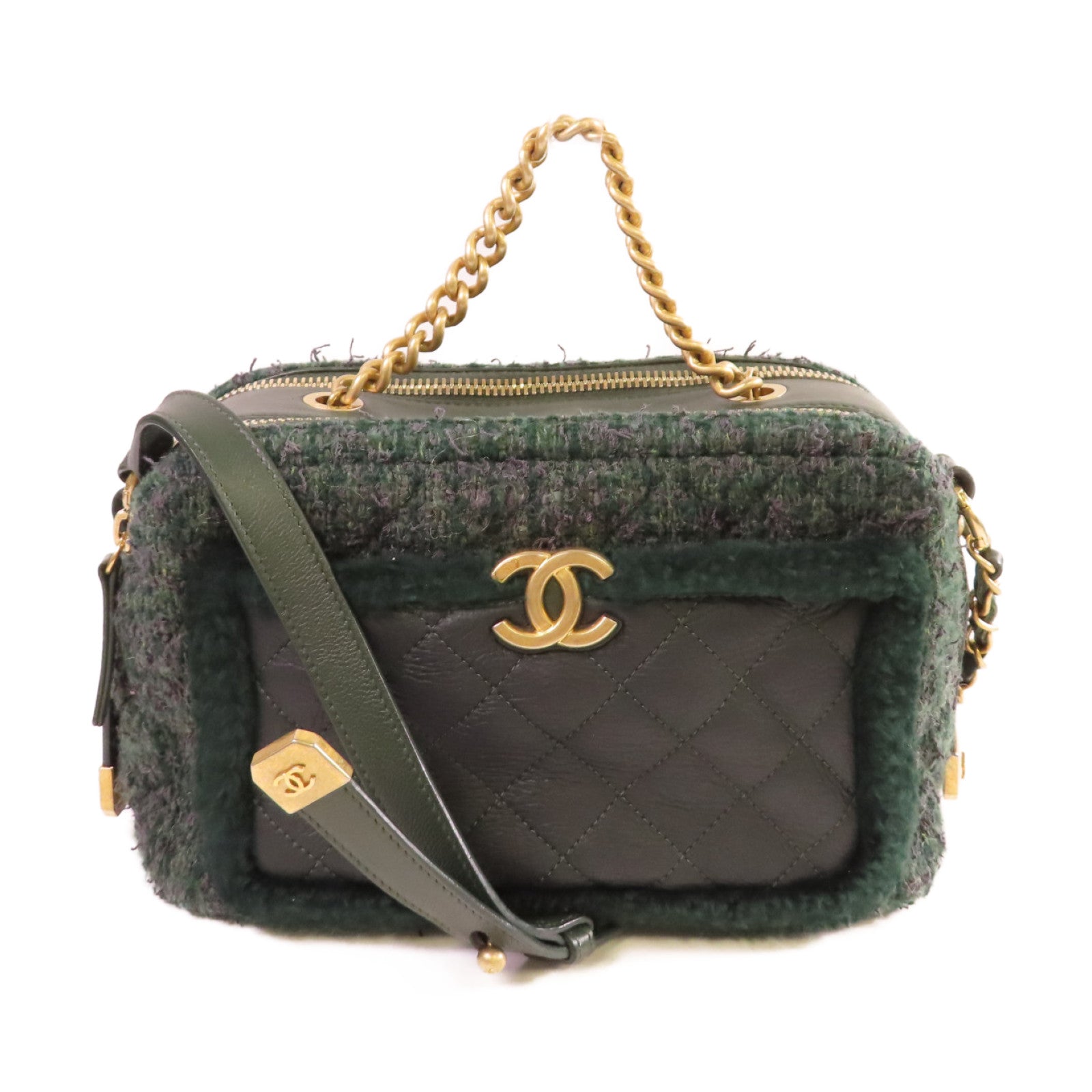 CHANEL 菱格斜紋軟呢Chain Shoulder Bag金扣鏈帶肩背袋綠色