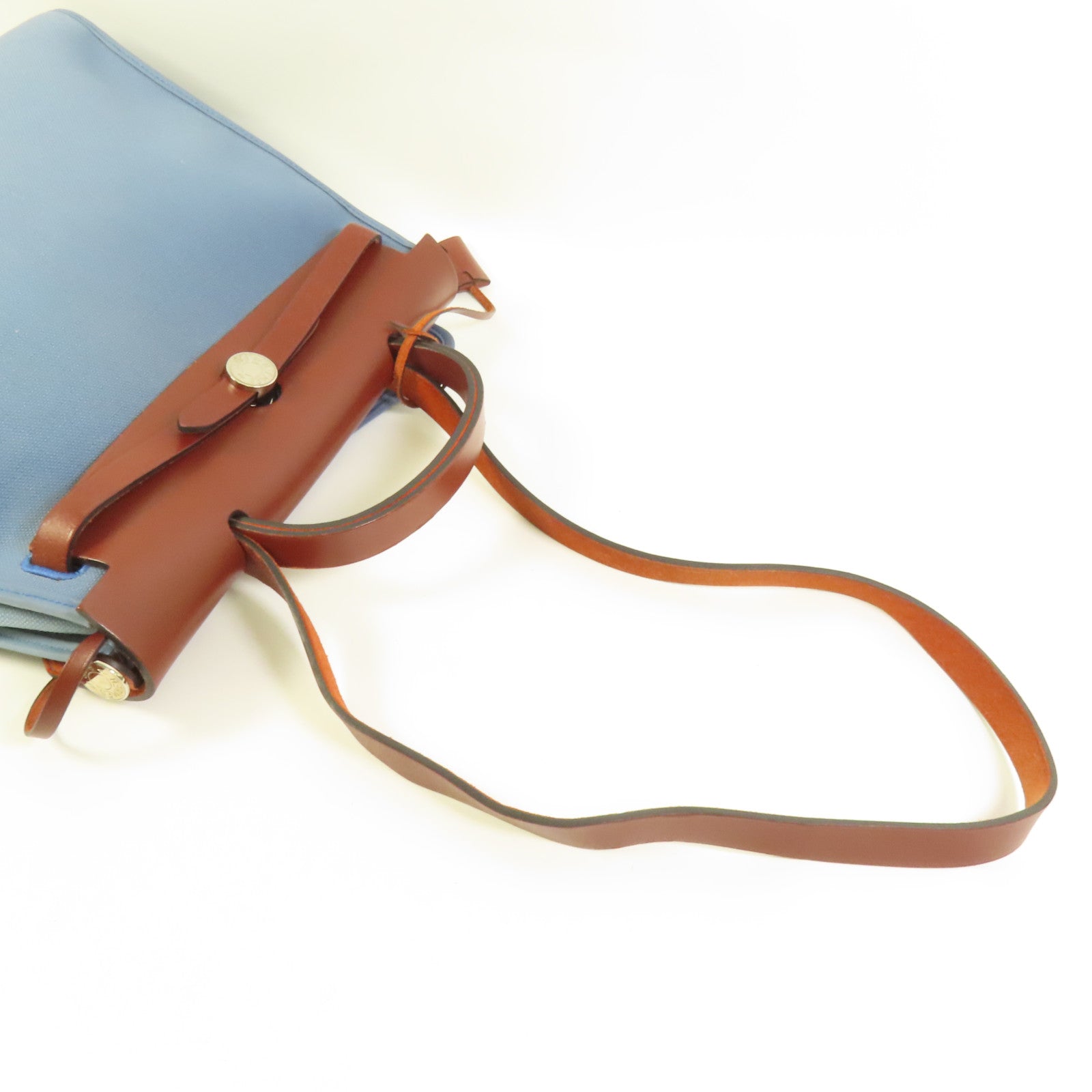 HERMES 帆布HerBag PM銀扣手挽肩背兩用袋Blue Agate