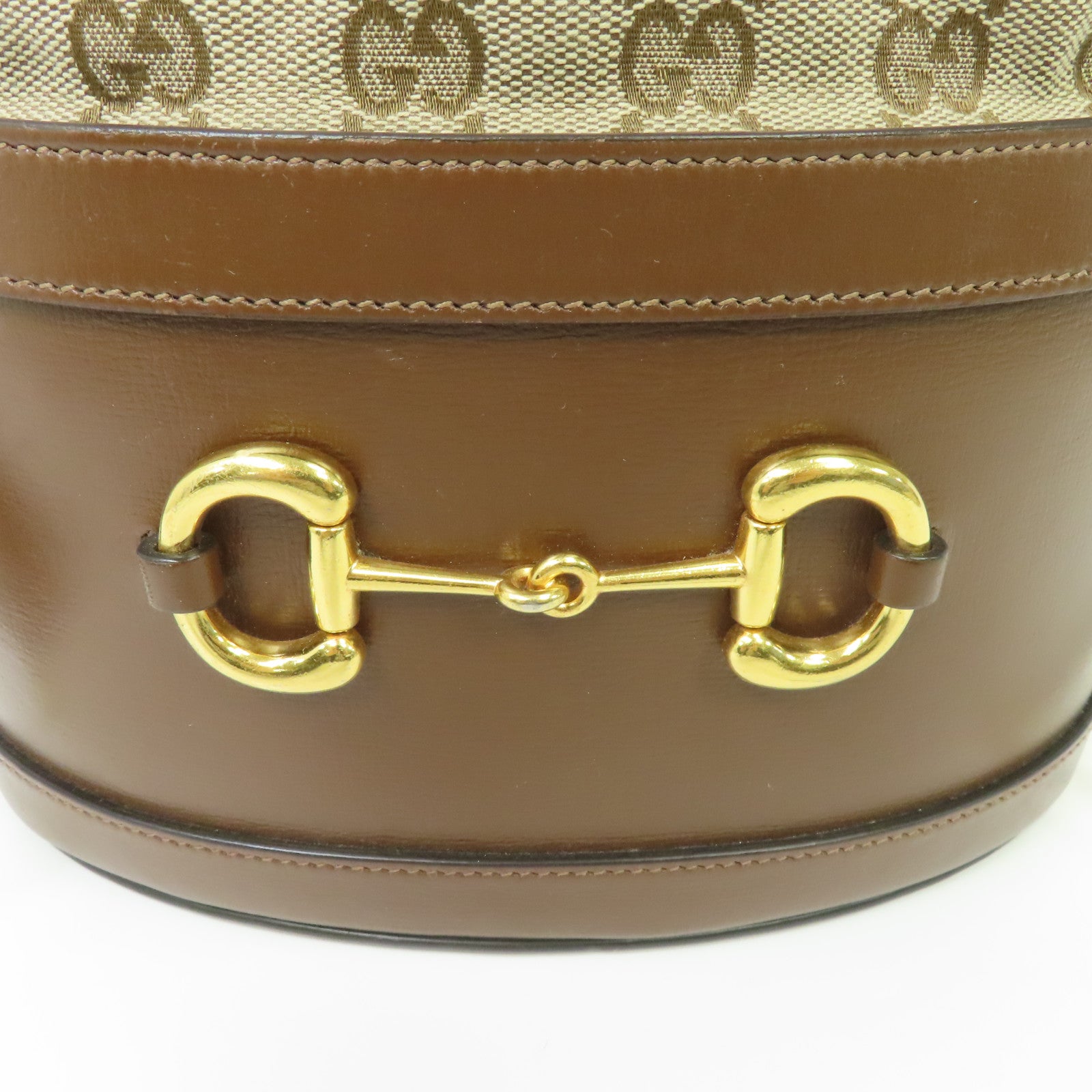 GUCCI 皮革/帆布Horsebit 1955金扣肩背袋啡色