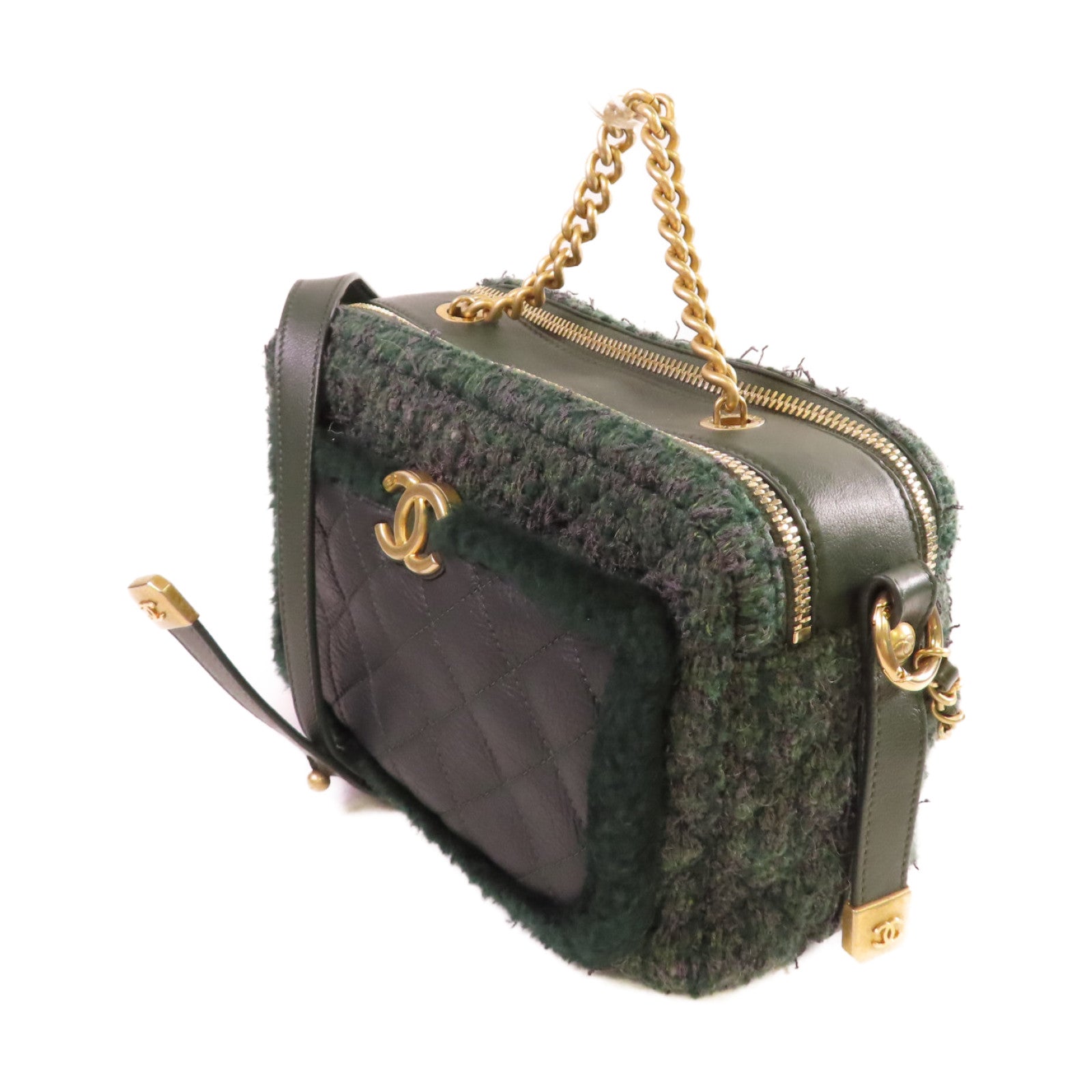 CHANEL 菱格斜紋軟呢Chain Shoulder Bag金扣鏈帶肩背袋綠色