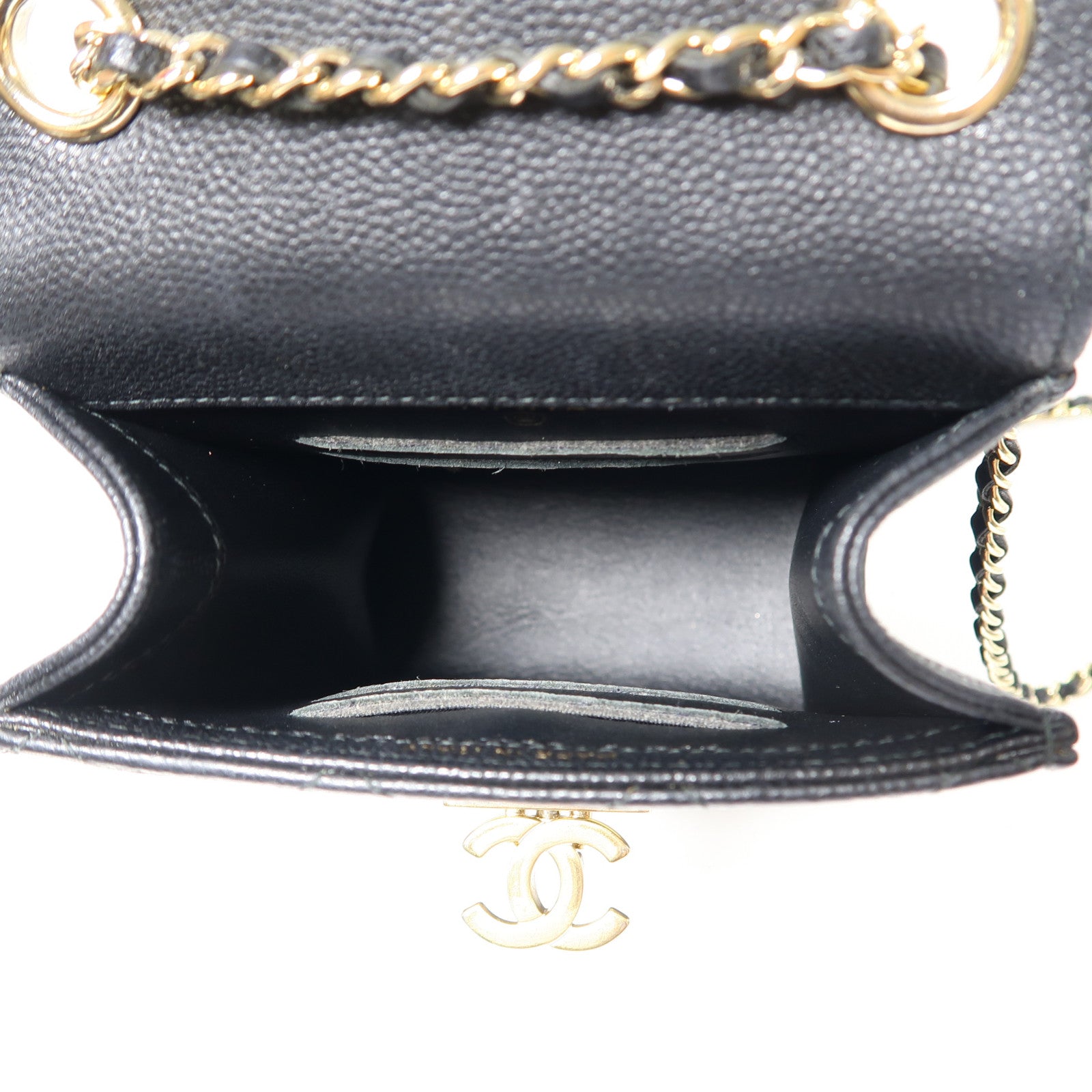 CHANEL 菱格Caviar皮革Chain Shoulder金扣鏈帶肩背袋黑色