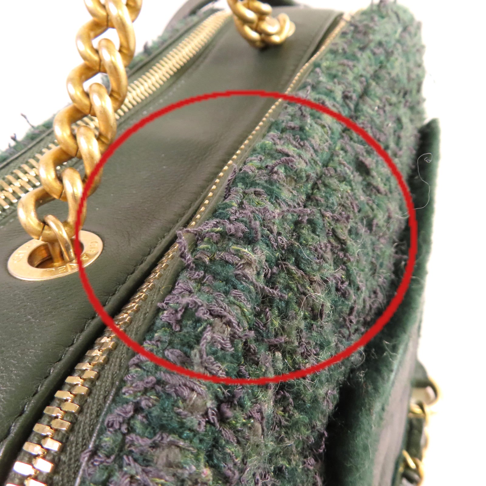 CHANEL 菱格斜紋軟呢Chain Shoulder Bag金扣鏈帶肩背袋綠色